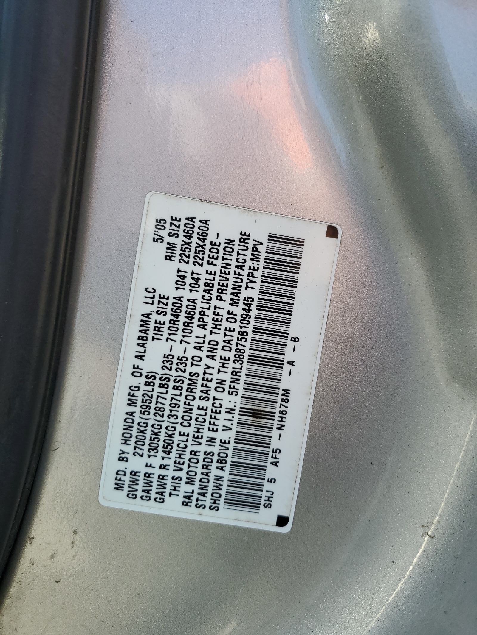 5FNRL38875B109445 2005 Honda Odyssey Touring