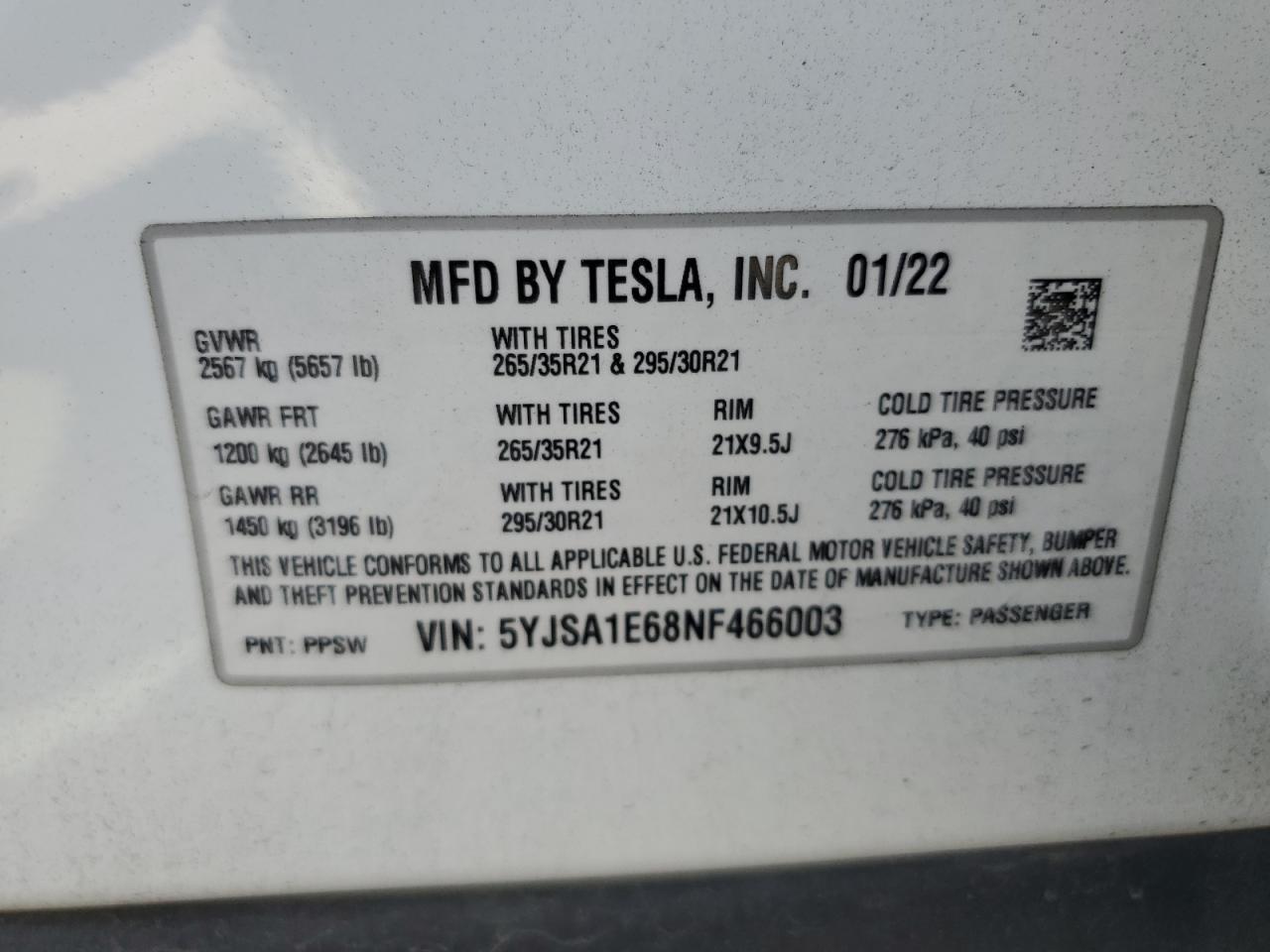 5YJSA1E68NF466003 2022 Tesla Model S