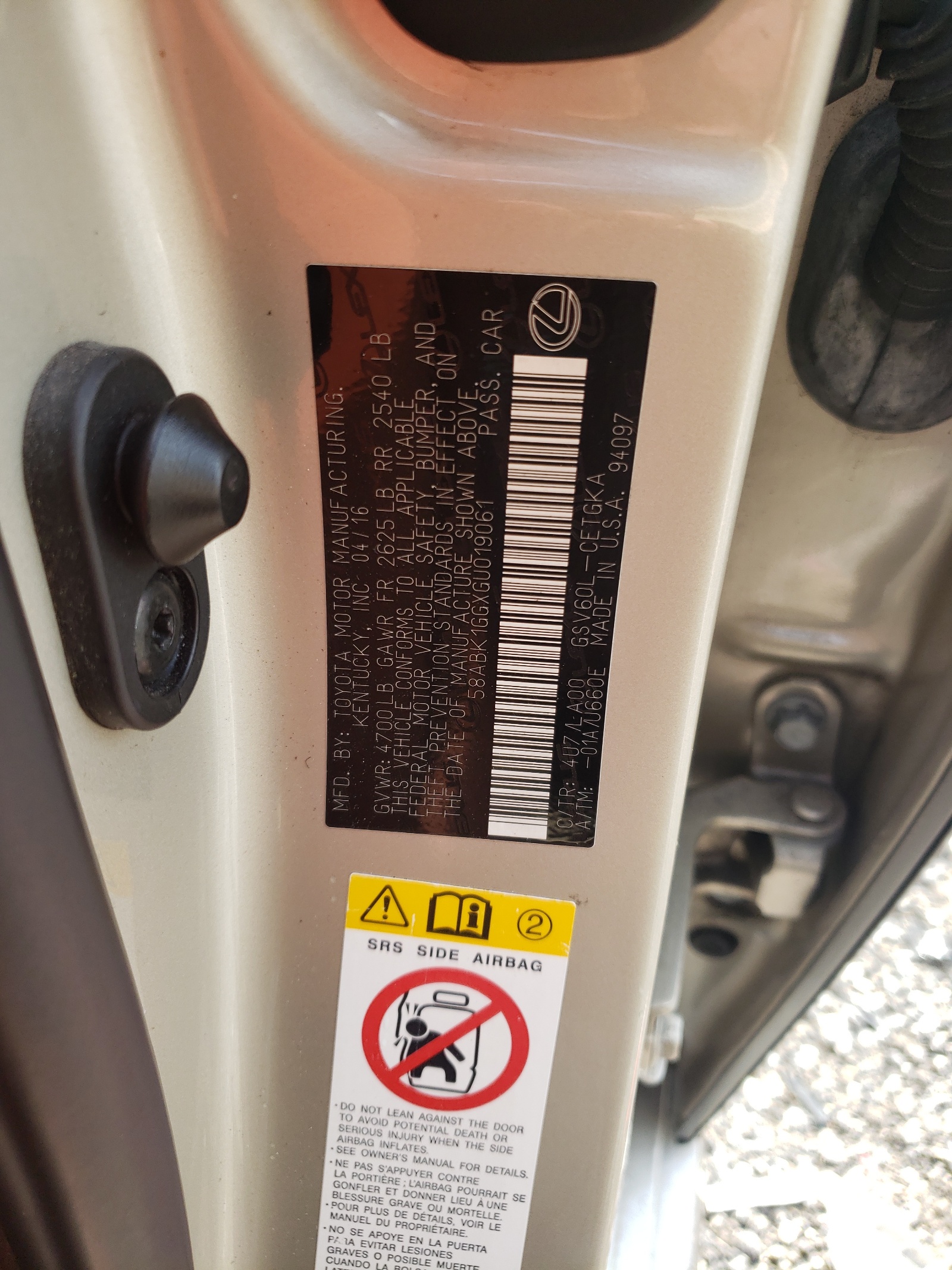 58ABK1GGXGU019061 2016 Lexus Es 350