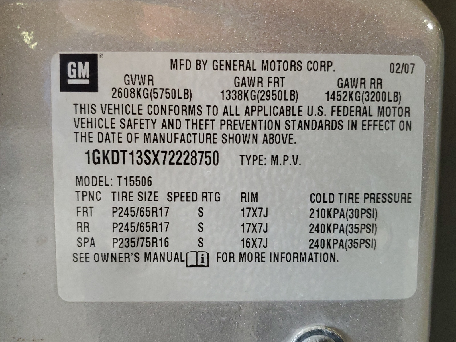 1GKDT13SX72228750 2007 GMC Envoy