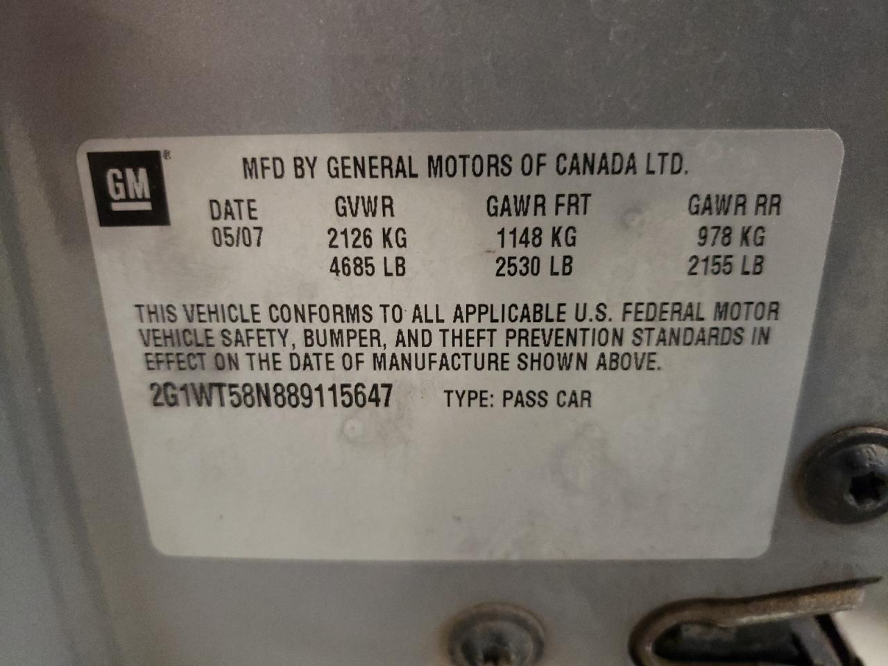 2008 Chevrolet Impala Lt VIN: 2G1WT58N889115647 Lot: 63038874