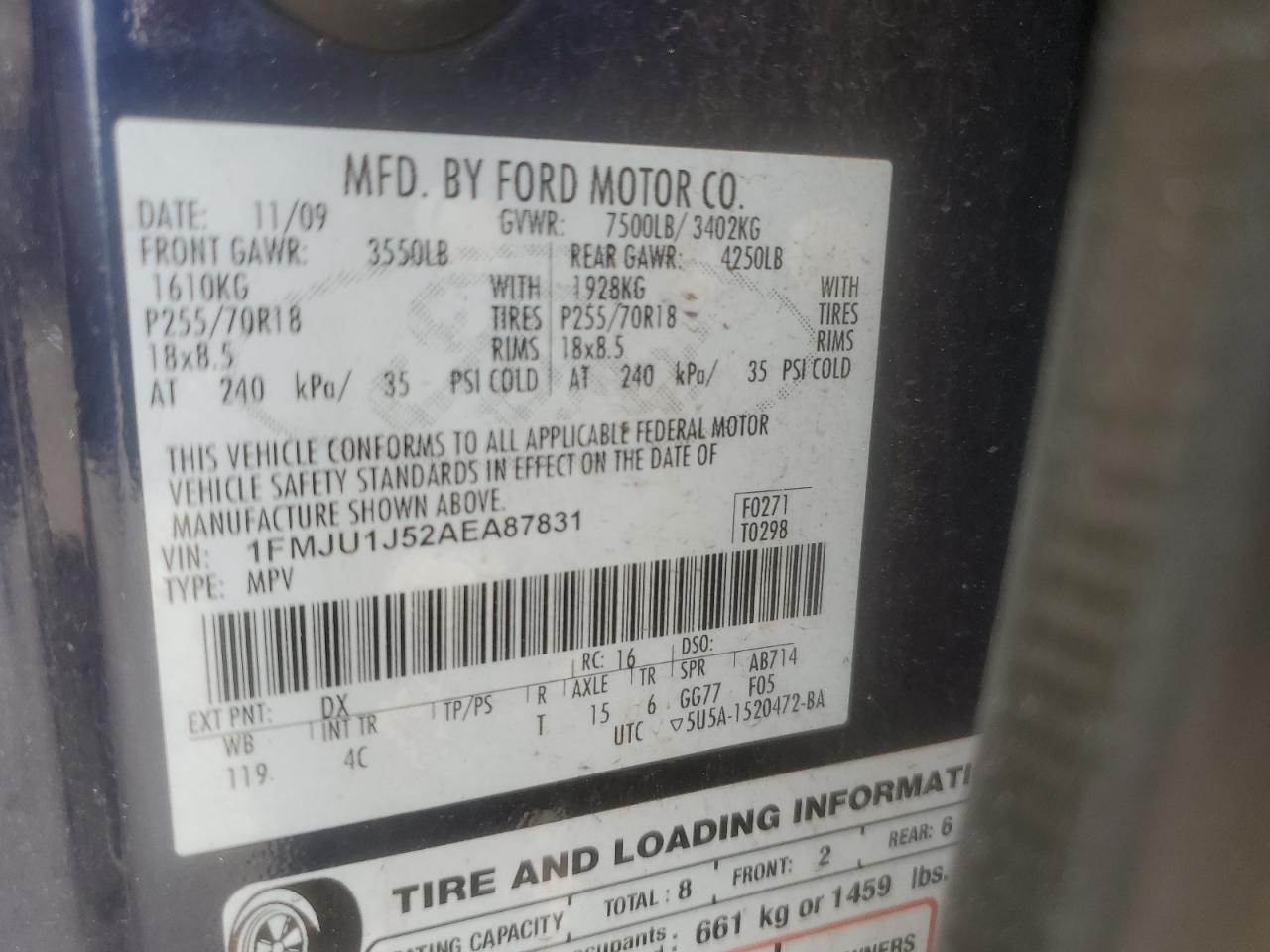 2010 Ford Expedition Eddie Bauer VIN: 1FMJU1J52AEA87831 Lot: 63766864