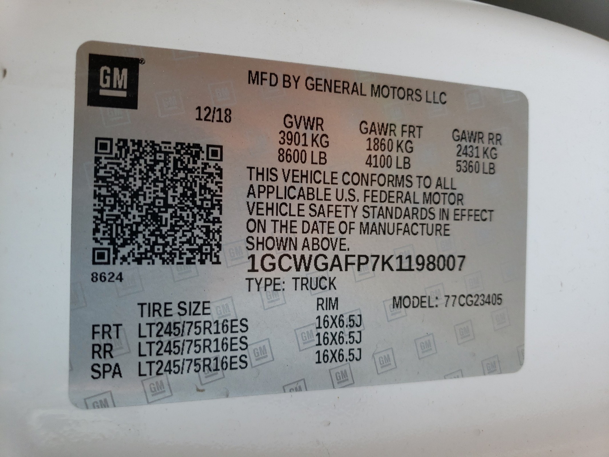 1GCWGAFP7K1198007 2019 Chevrolet Express G2500