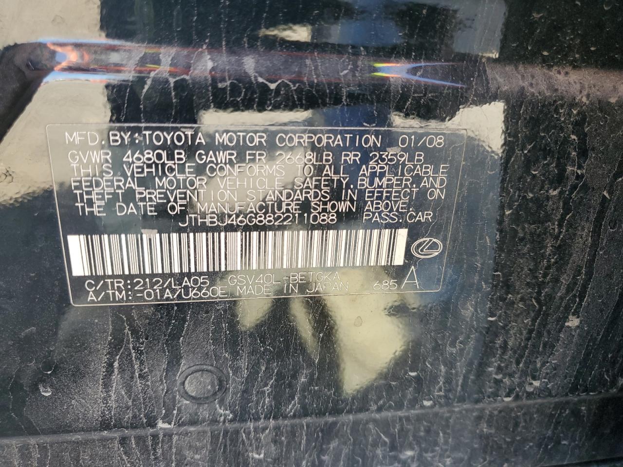 2008 Lexus Es 350 VIN: JTHBJ46G882211088 Lot: 63800034