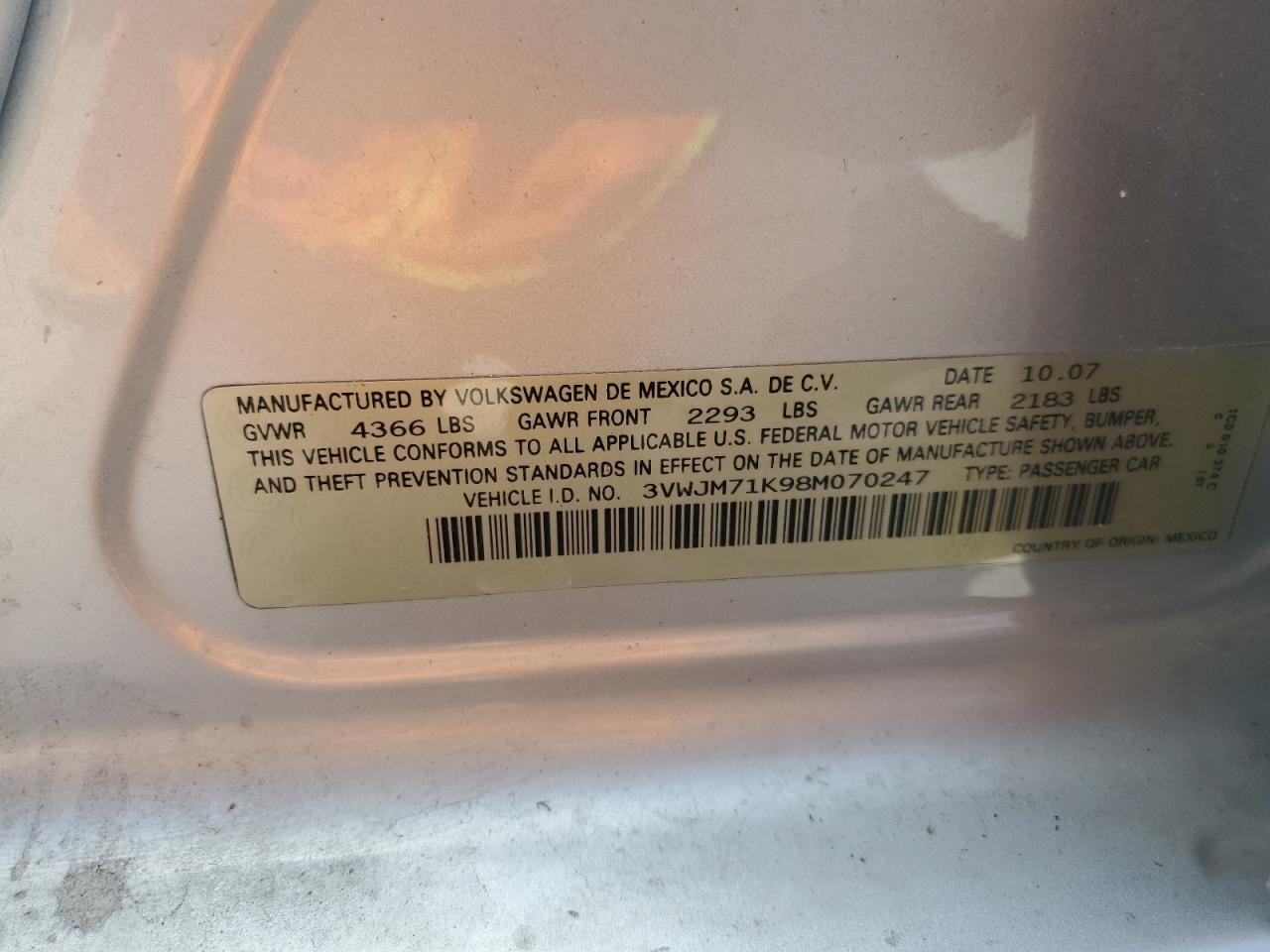 2008 Volkswagen Jetta S VIN: 3VWJM71K98M070247 Lot: 64874354