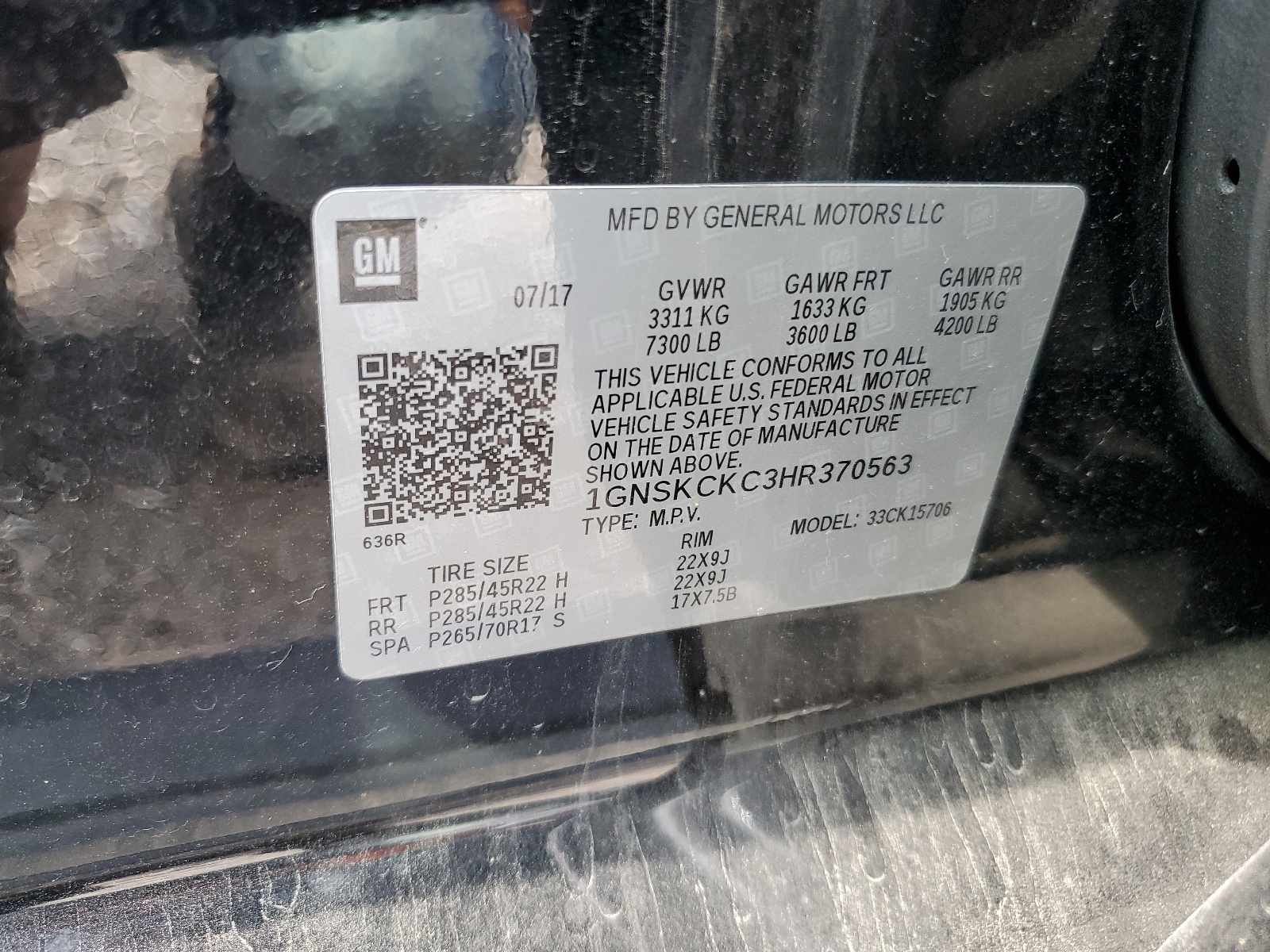 1GNSKCKC3HR370563 2017 Chevrolet Tahoe K1500 Premier