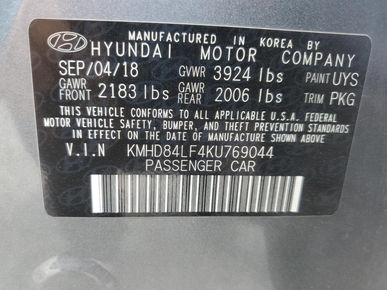 KMHD84LF4KU769044 2019 Hyundai Elantra Sel