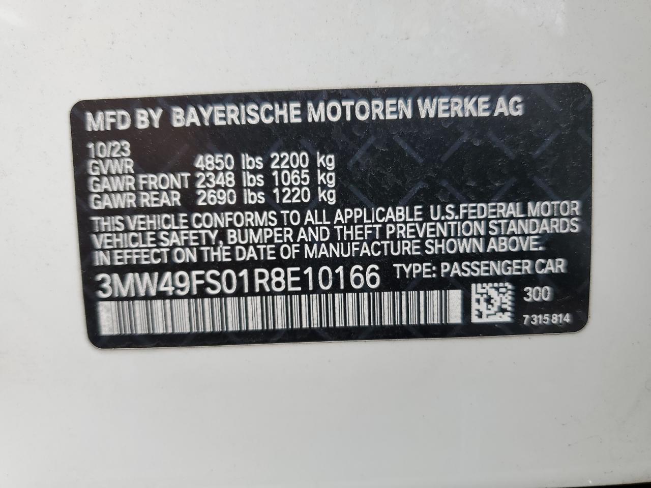 2024 BMW M340I VIN: 3MW49FS01R8E10166 Lot: 63643864