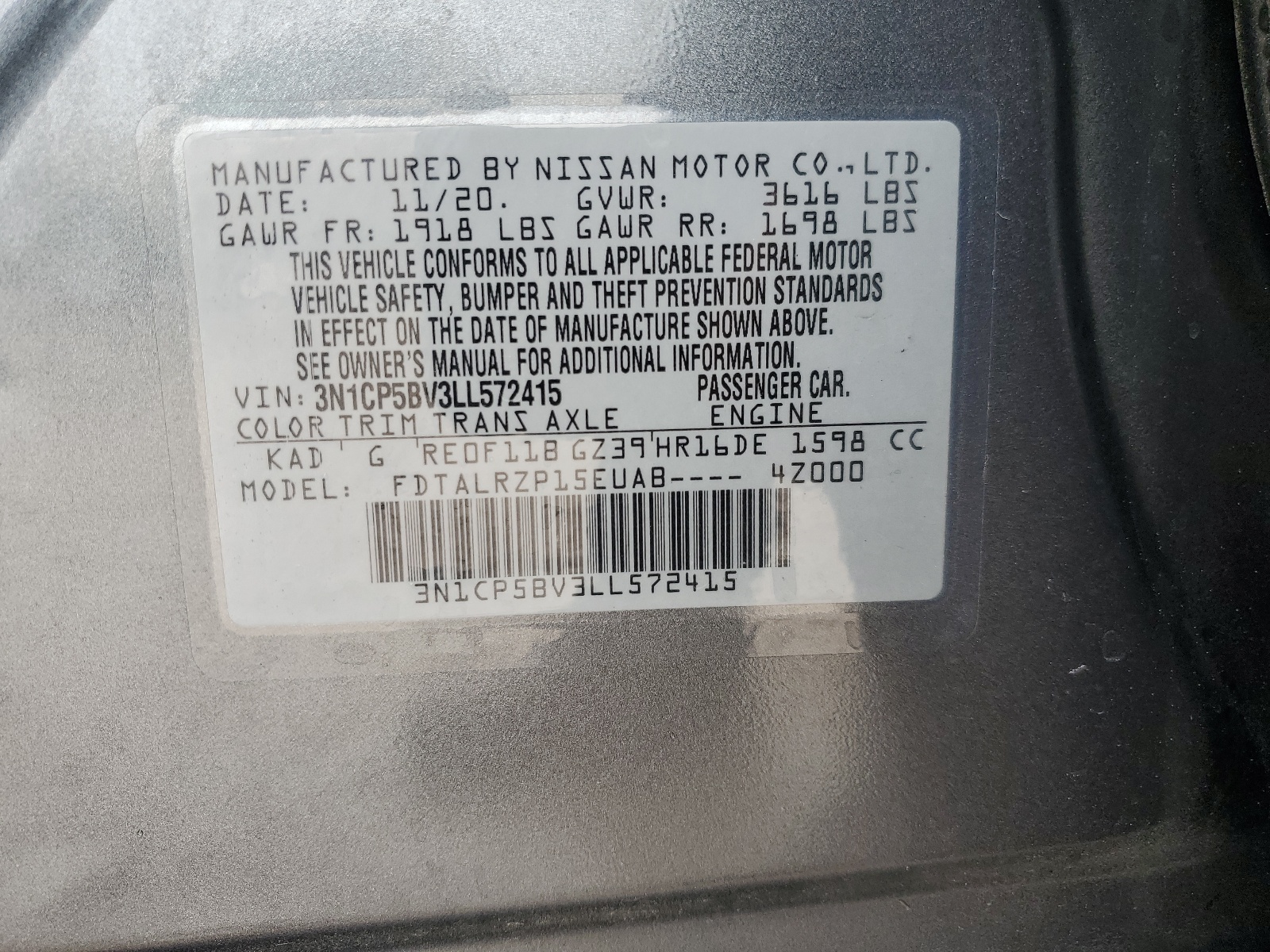 3N1CP5BV3LL572415 2020 Nissan Kicks S