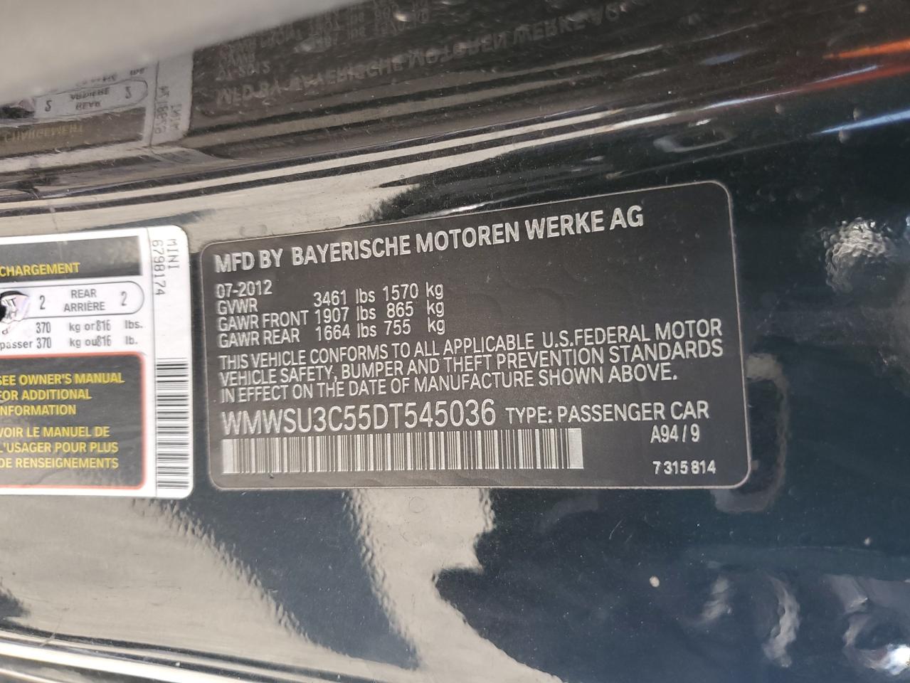 2013 Mini Cooper VIN: WMWSU3C55DT545036 Lot: 64665904