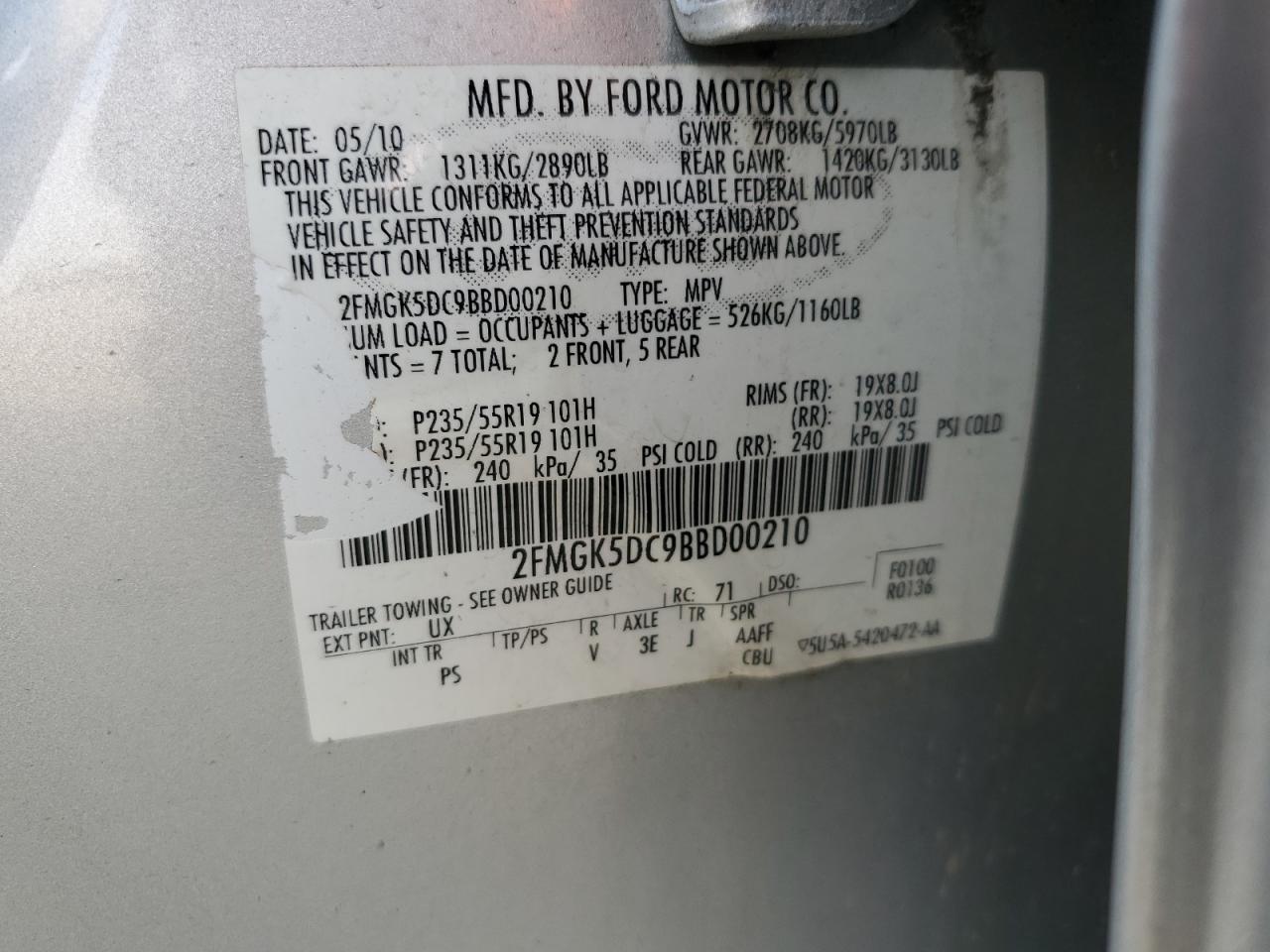 2011 Ford Flex Limited VIN: 2FMGK5DC9BBD00210 Lot: 63050424