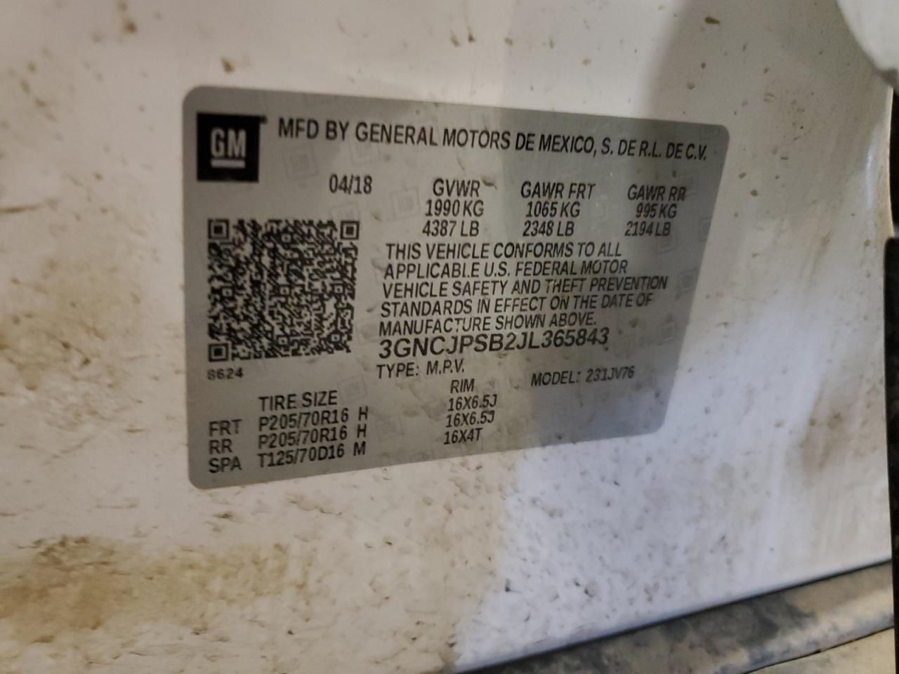 2018 Chevrolet Trax 1Lt VIN: 3GNCJPSB2JL365843 Lot: 63828954