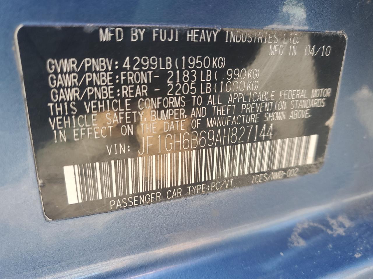 2010 Subaru Impreza 2.5I Premium VIN: JF1GH6B69AH827144 Lot: 63717954