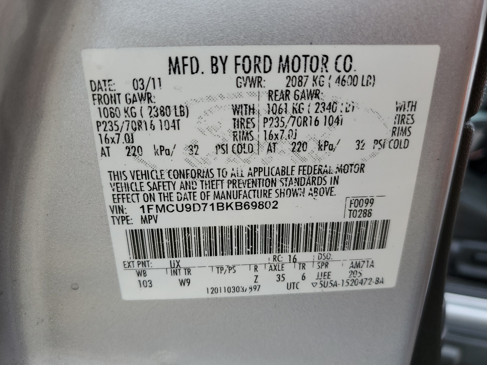 1FMCU9D71BKB69802 2011 Ford Escape Xlt