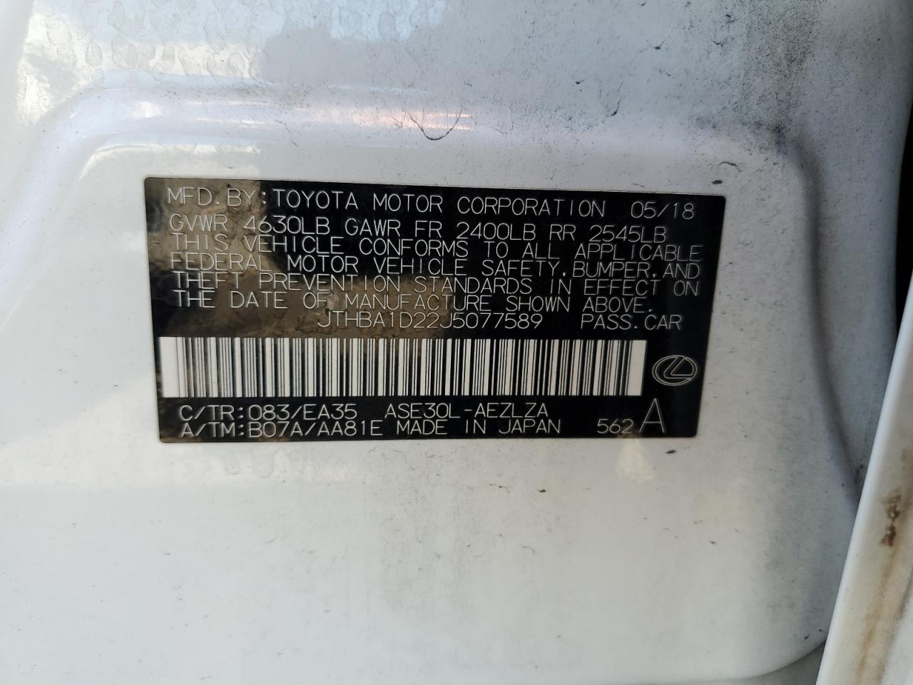 2018 Lexus Is 300 VIN: JTHBA1D22J5077589 Lot: 61531174