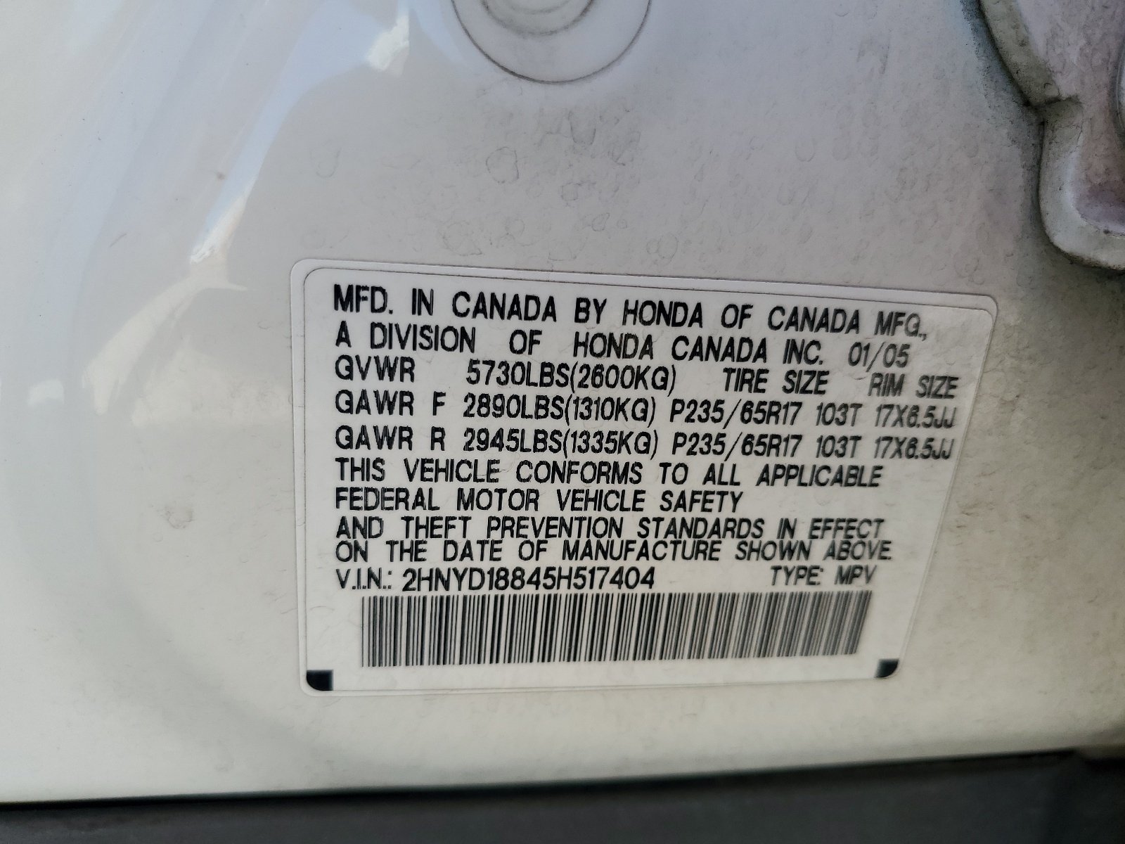 2HNYD18845H517404 2005 Acura Mdx Touring