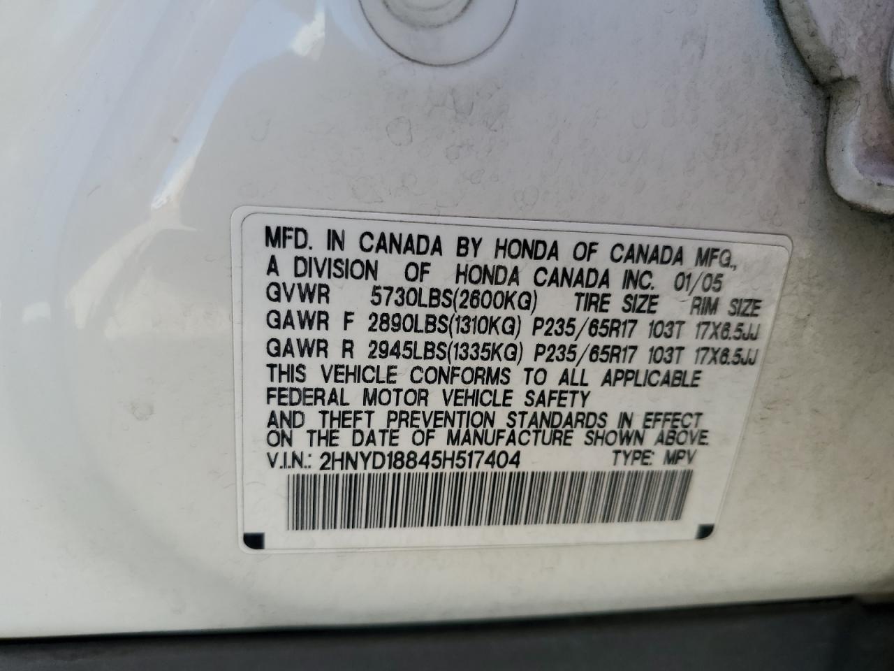 2005 Acura Mdx Touring VIN: 2HNYD18845H517404 Lot: 61161694
