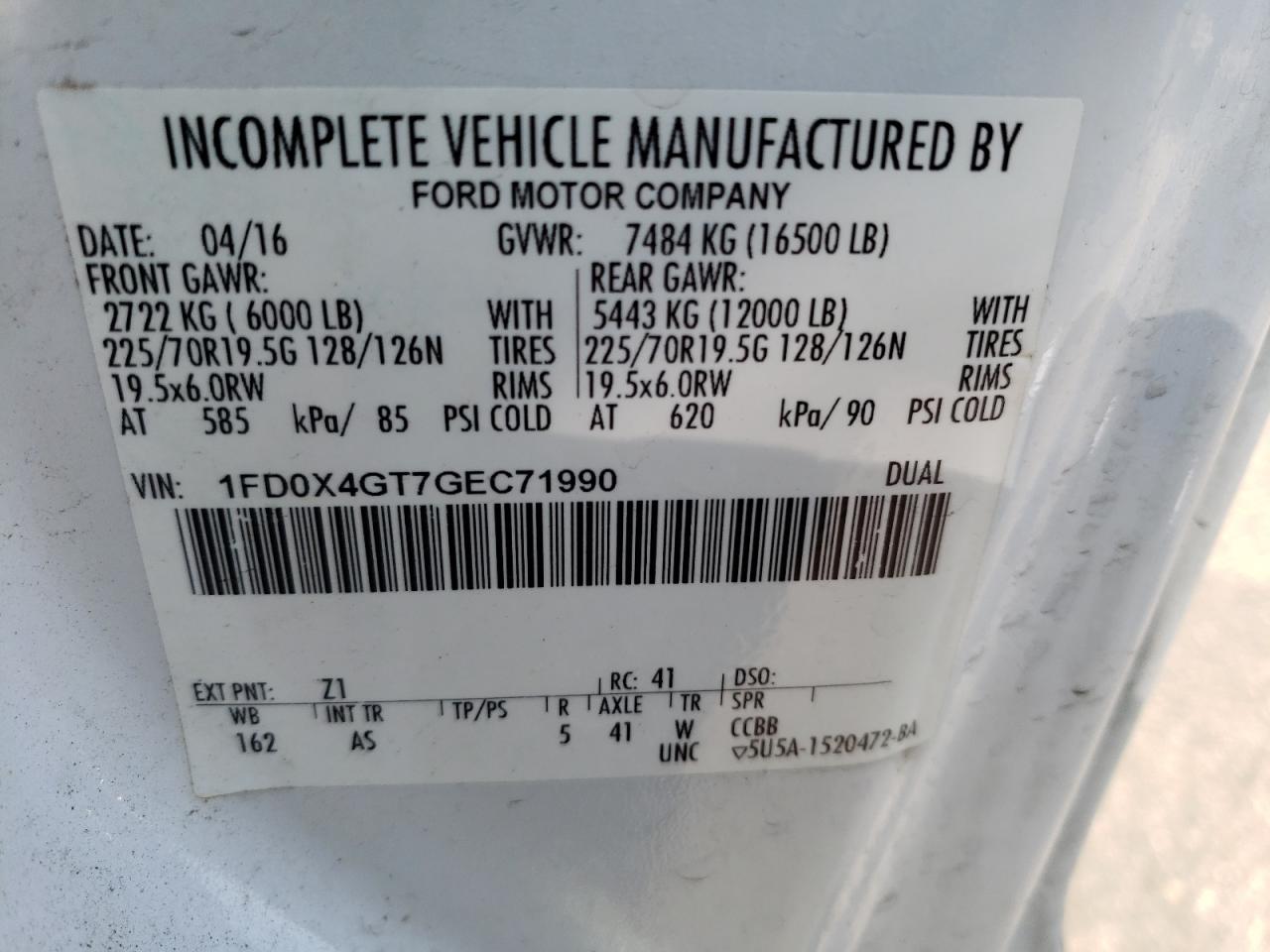 2016 Ford F450 Super Duty VIN: 1FD0X4GT7GEC71990 Lot: 63213304