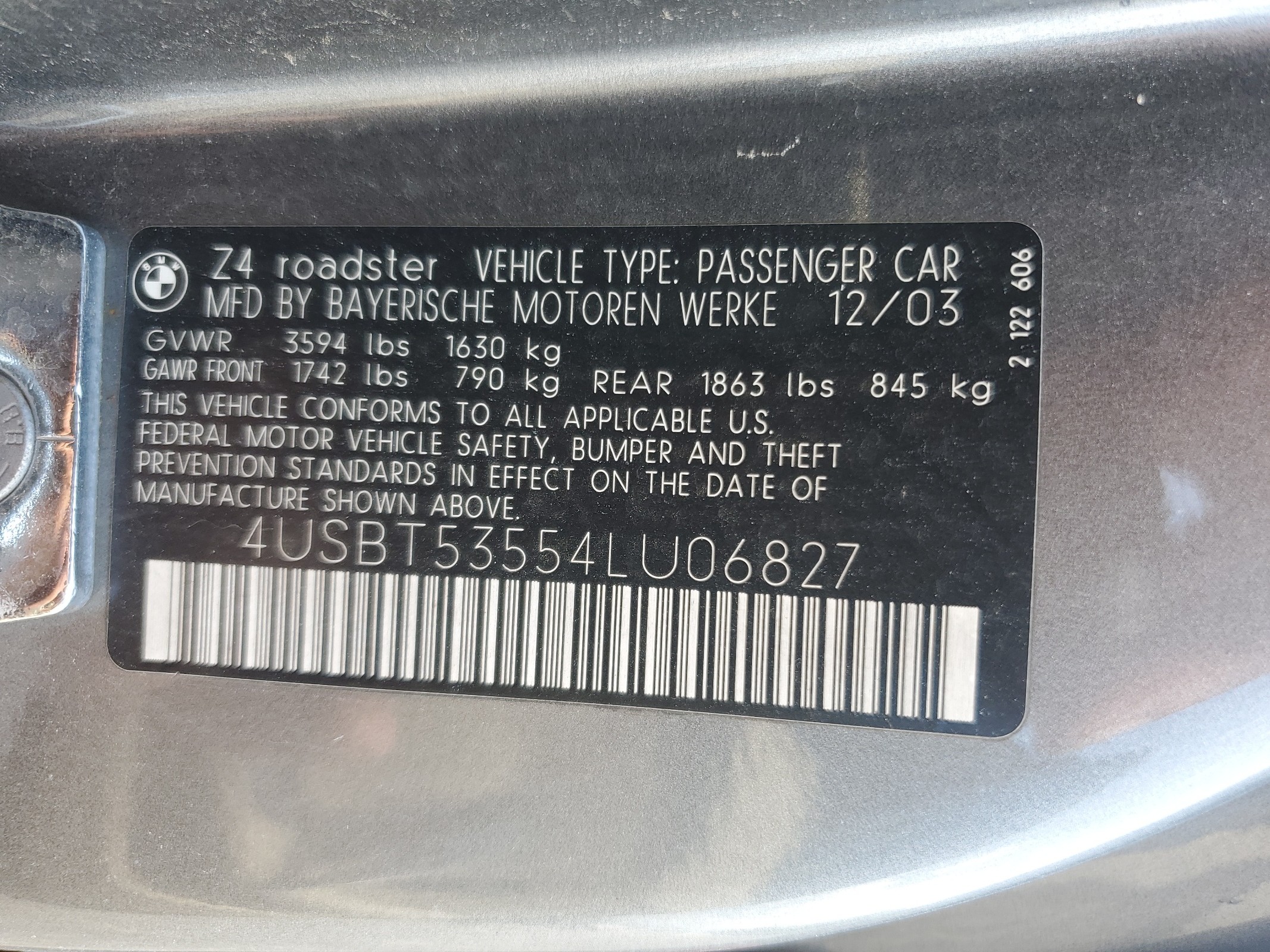 4USBT53554LU06827 2004 BMW Z4 3.0