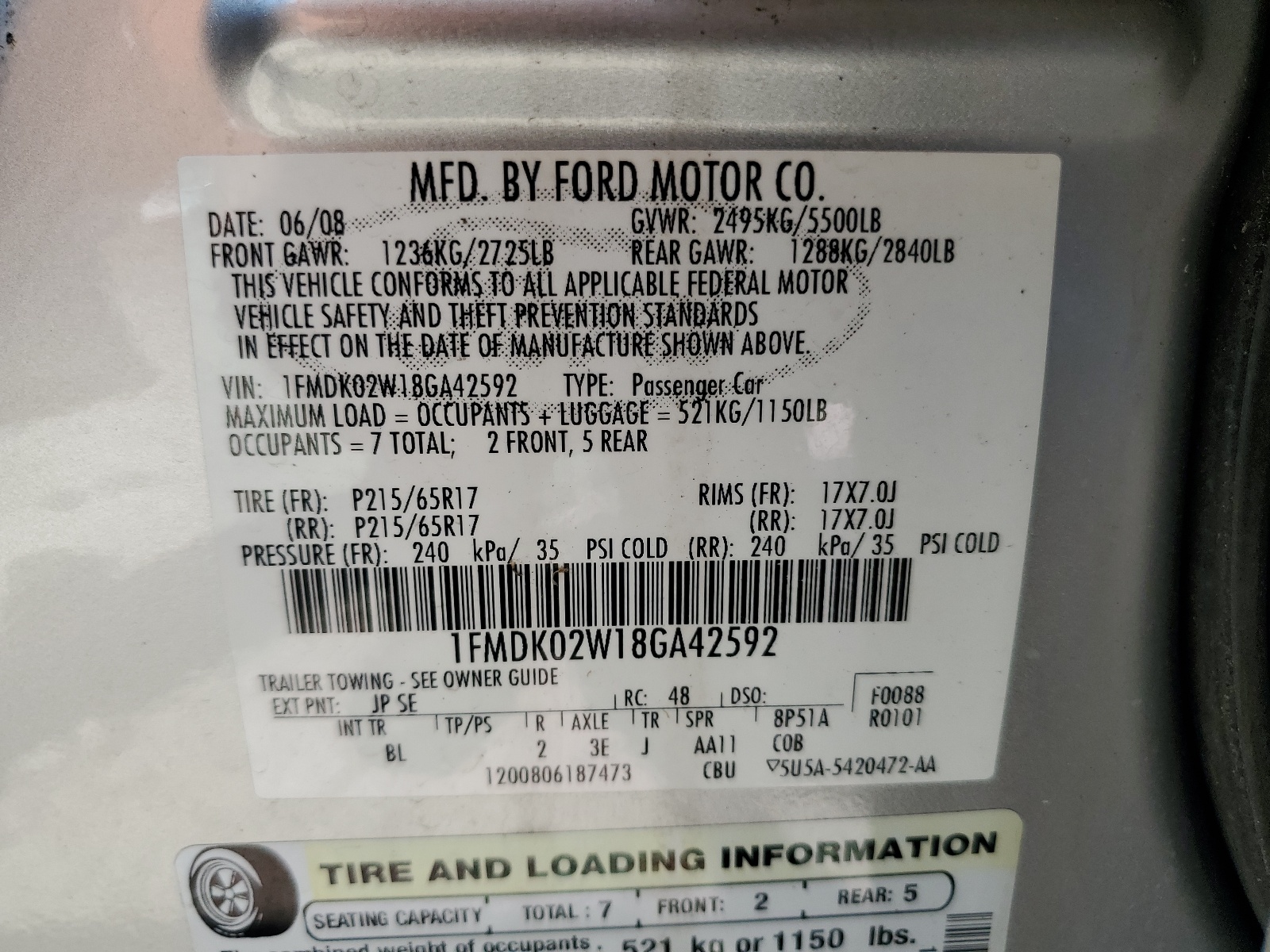 1FMDK02W18GA42592 2008 Ford Taurus X Sel
