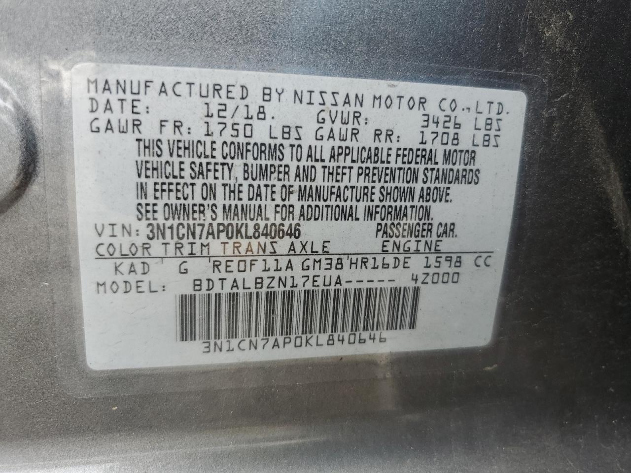 3N1CN7AP0KL840646 2019 Nissan Versa S