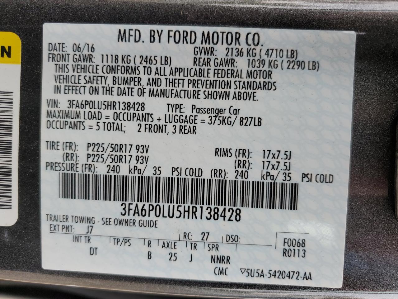 2017 Ford Fusion Se Hybrid VIN: 3FA6P0LU5HR138428 Lot: 63881274