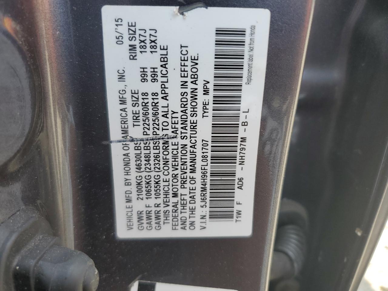 2015 Honda Cr-V Touring VIN: 5J6RM4H96FL081707 Lot: 61984314