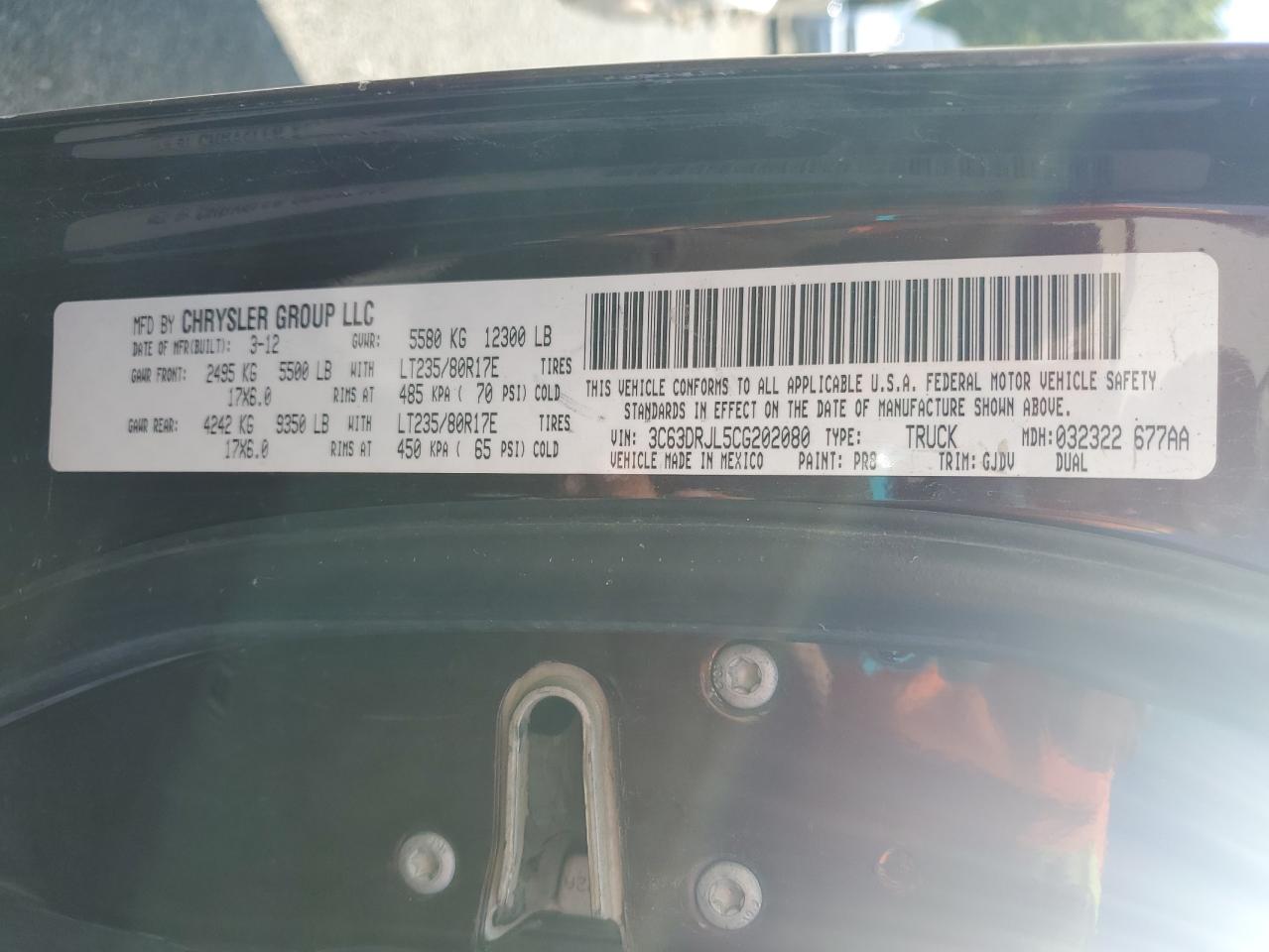 2012 Dodge Ram 3500 Laramie VIN: 3C63DRJL5CG202080 Lot: 61995714