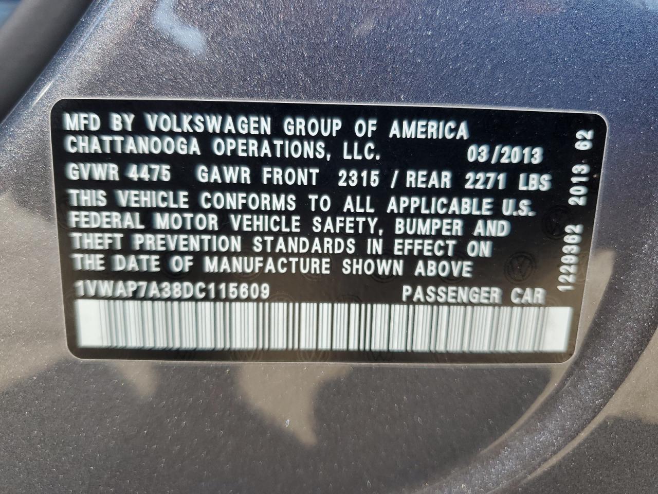 2013 Volkswagen Passat S VIN: 1VWAP7A38DC115609 Lot: 62954524