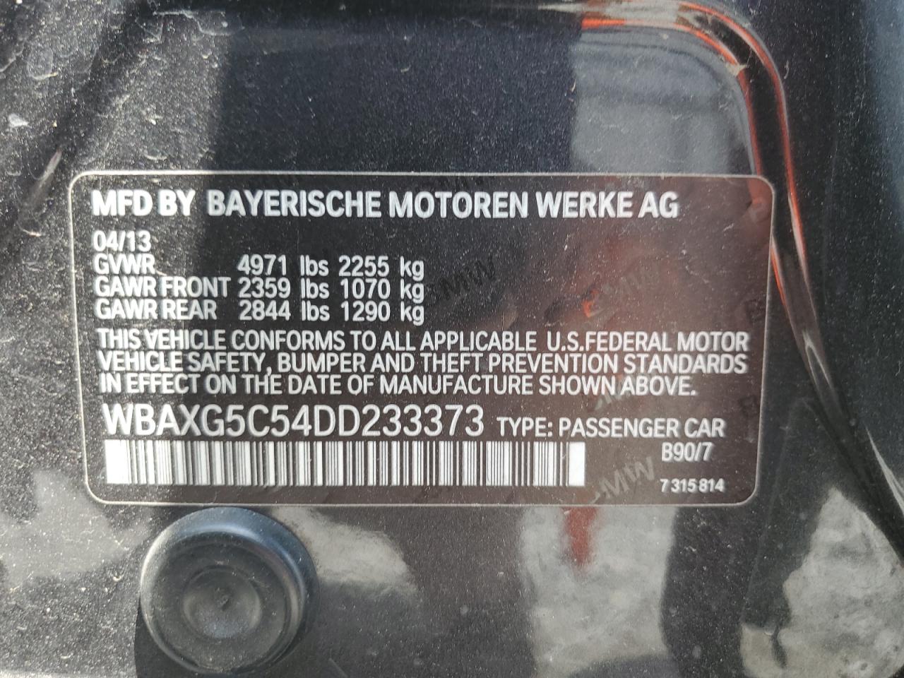 2013 BMW 528 I VIN: WBAXG5C54DD233373 Lot: 62535254