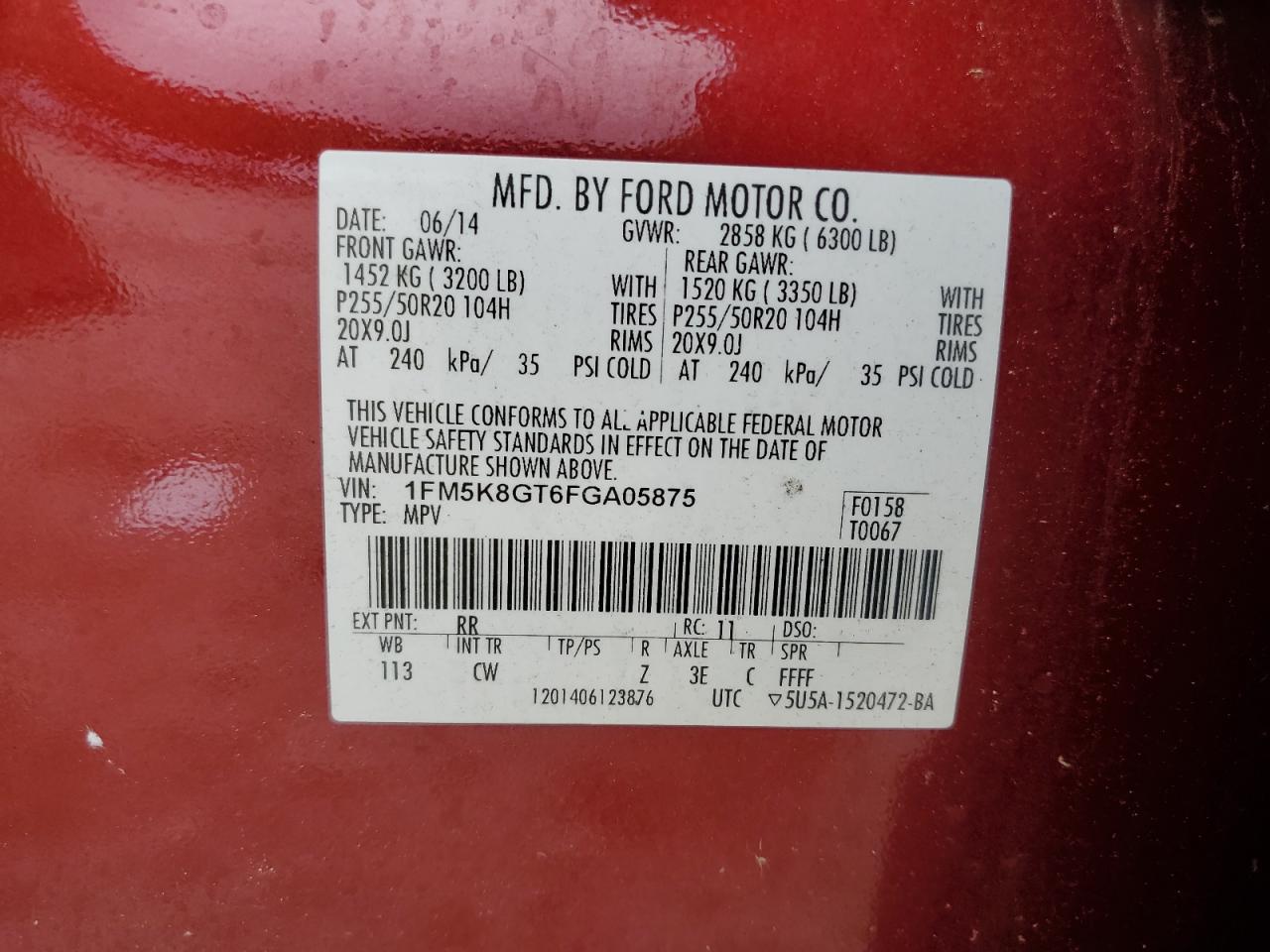 2015 Ford Explorer Sport VIN: 1FM5K8GT6FGA05875 Lot: 64245454