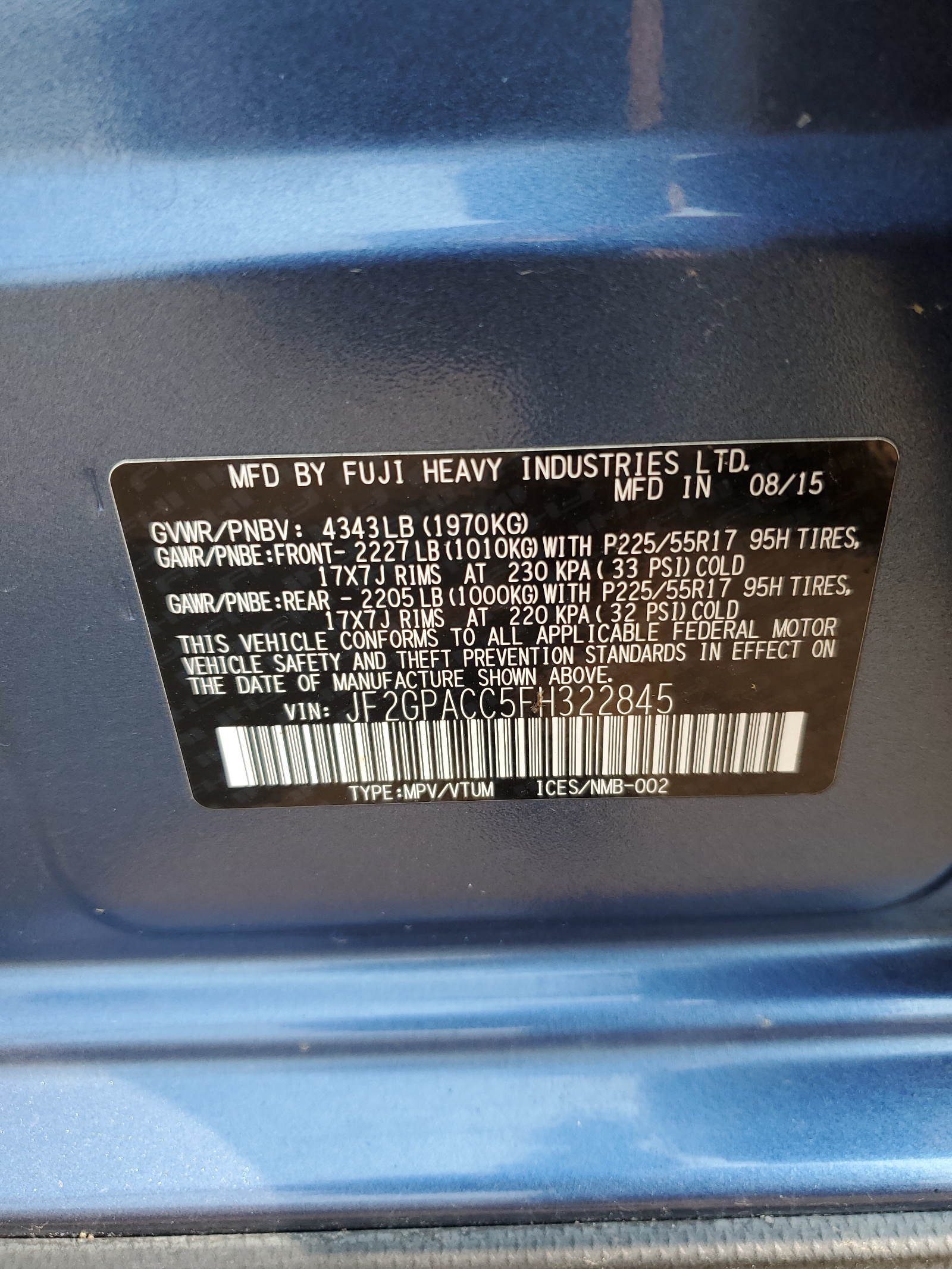 JF2GPACC5FH322845 2015 Subaru Xv Crosstrek 2.0 Premium