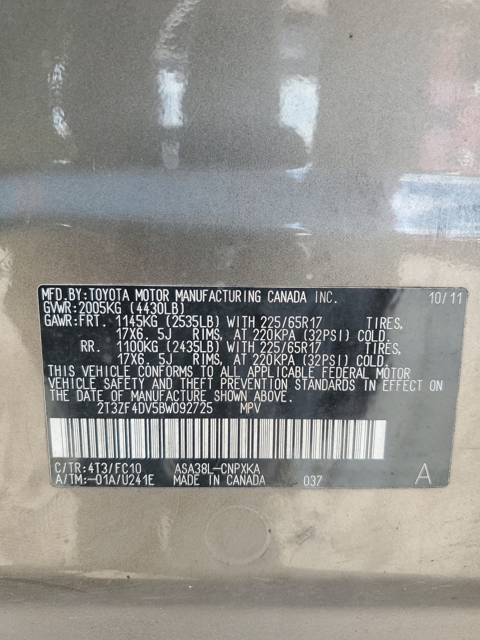 2T3ZF4DV5BW092725 2011 Toyota Rav4