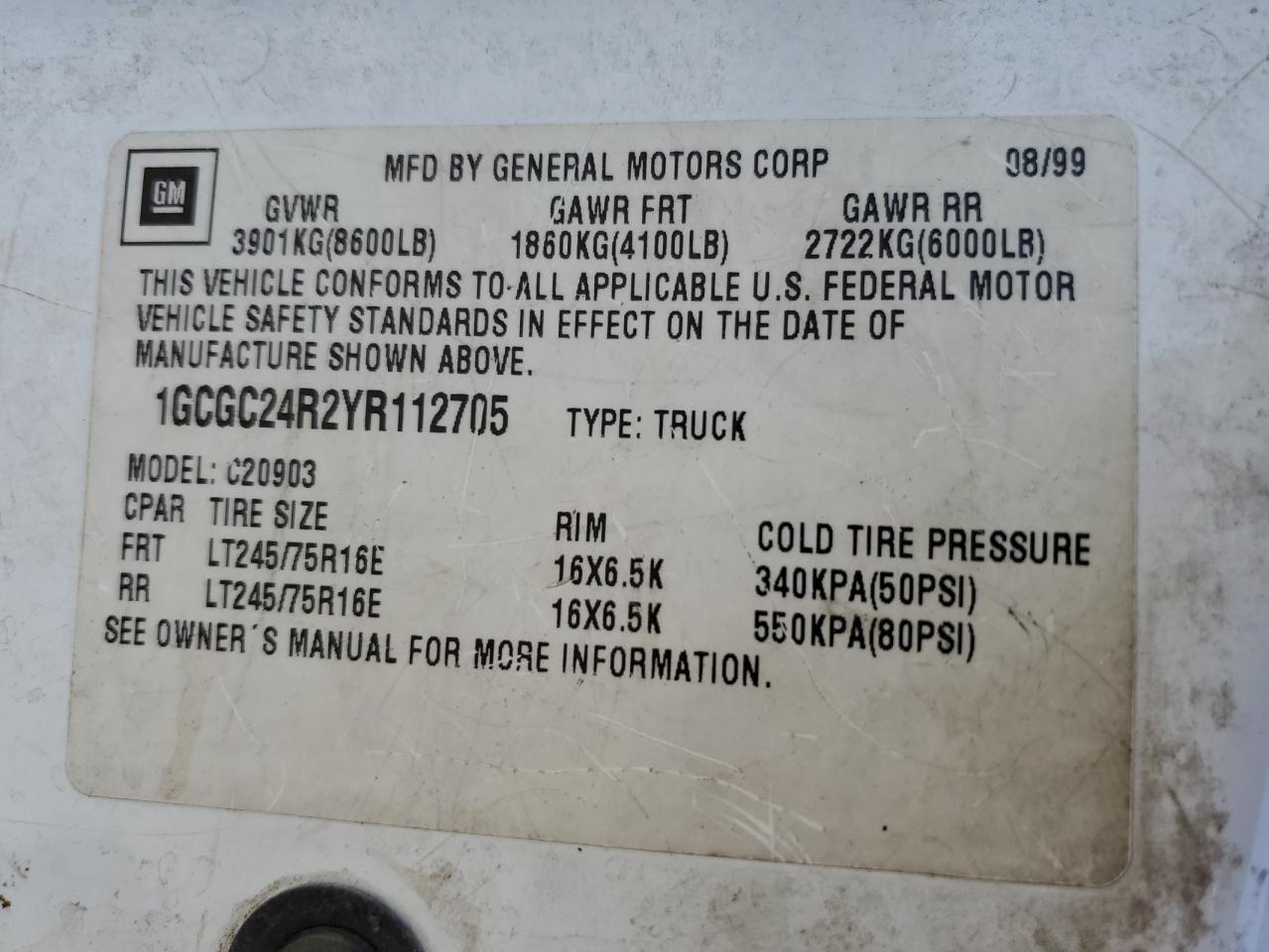 2000 Chevrolet Gmt-400 C2500 VIN: 1GCGC24R2YR112705 Lot: 61428604