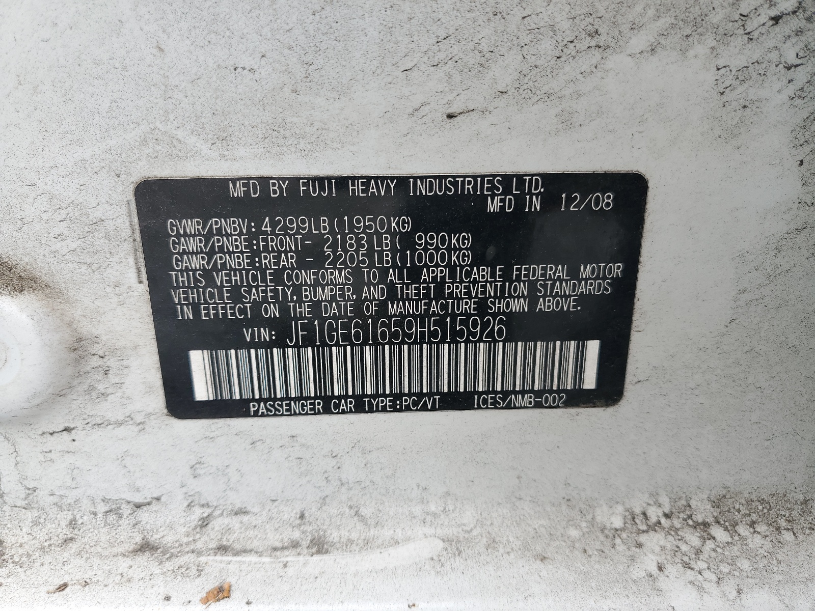 JF1GE61659H515926 2009 Subaru Impreza 2.5I