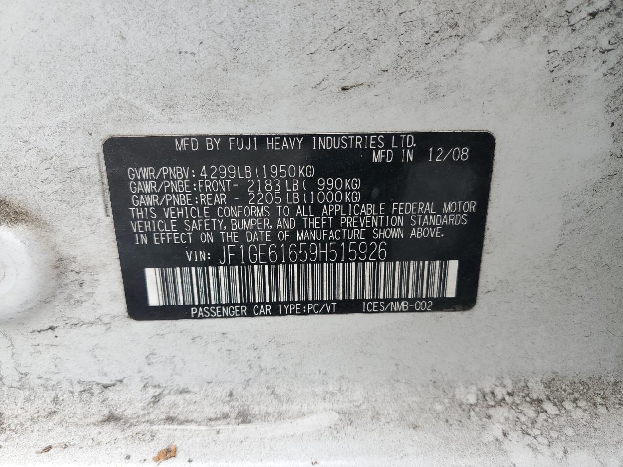 2009 Subaru Impreza 2.5I VIN: JF1GE61659H515926 Lot: 64871554