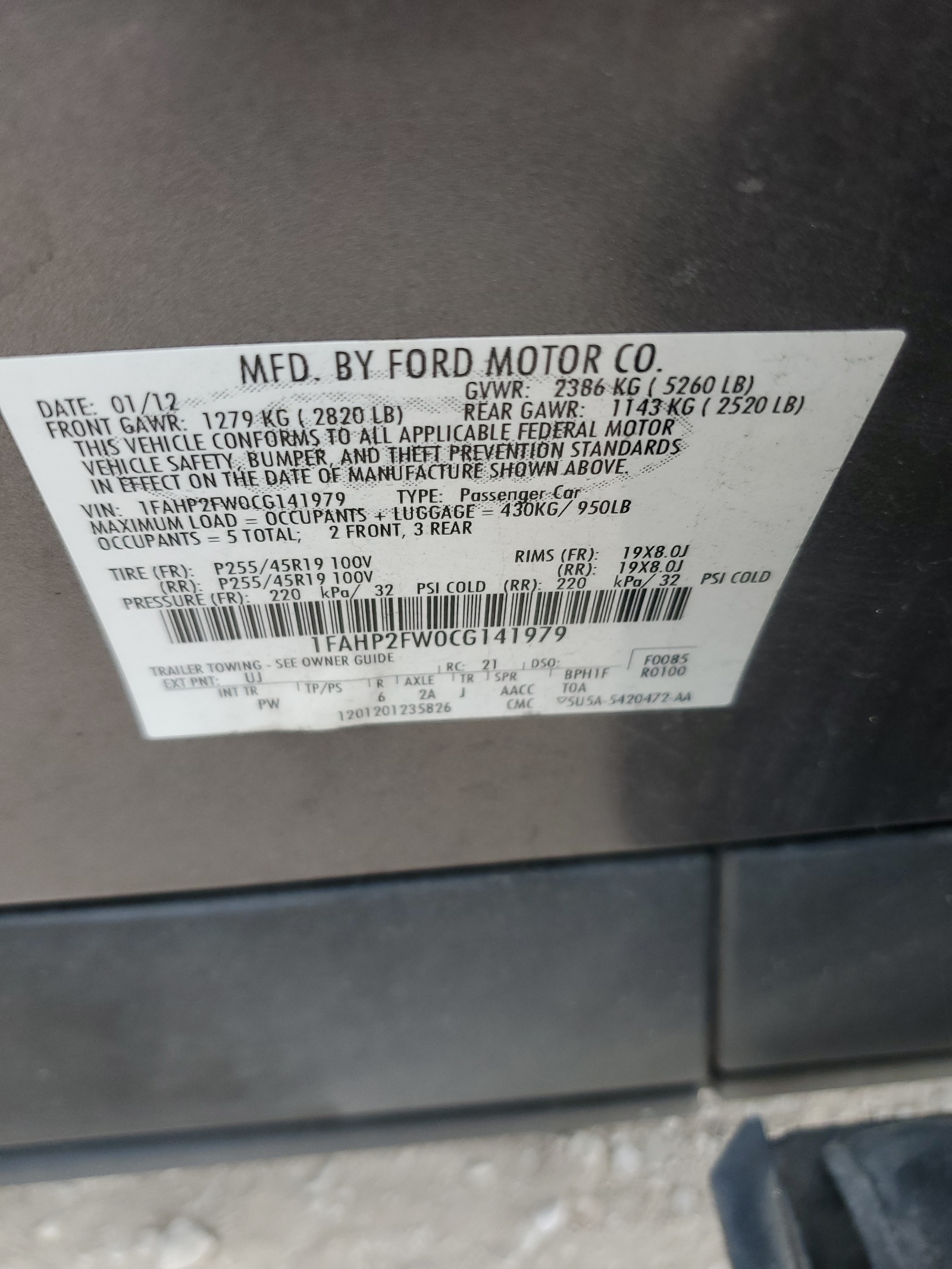 1FAHP2FW0CG141979 2012 Ford Taurus Limited