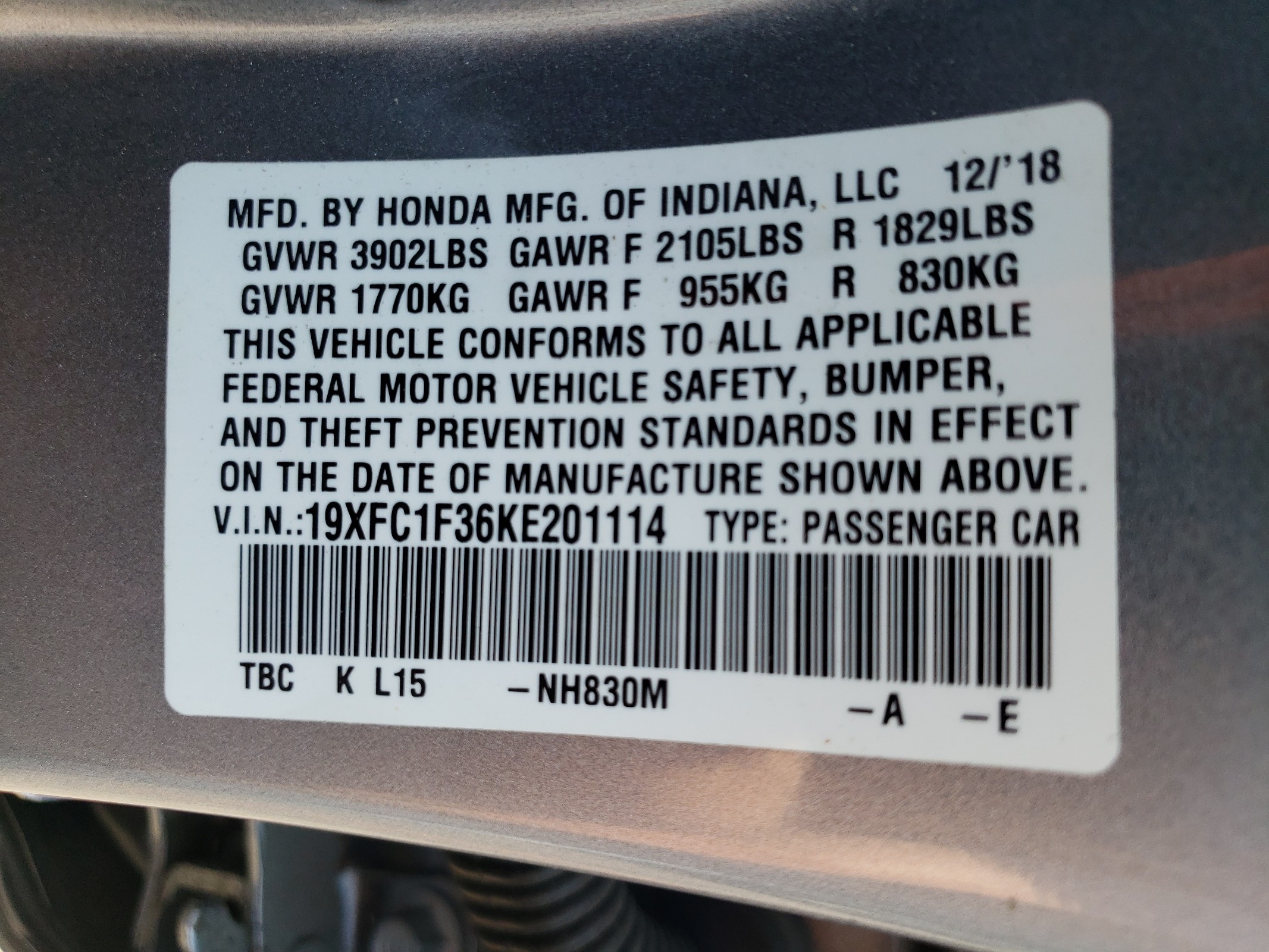 2019 Honda Civic Ex vin: 19XFC1F36KE201114