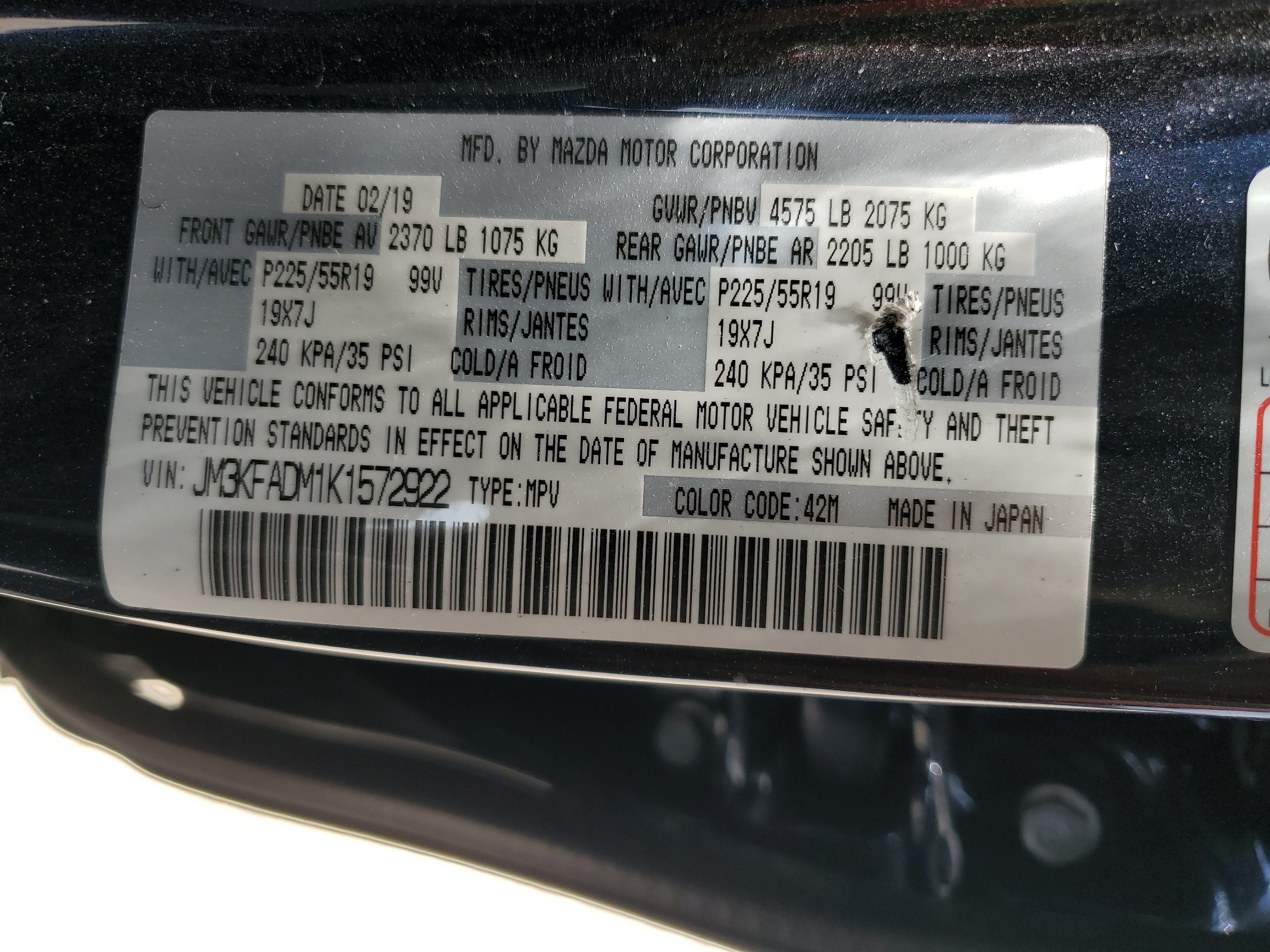 JM3KFADM1K1572922 2019 Mazda Cx-5 Grand Touring