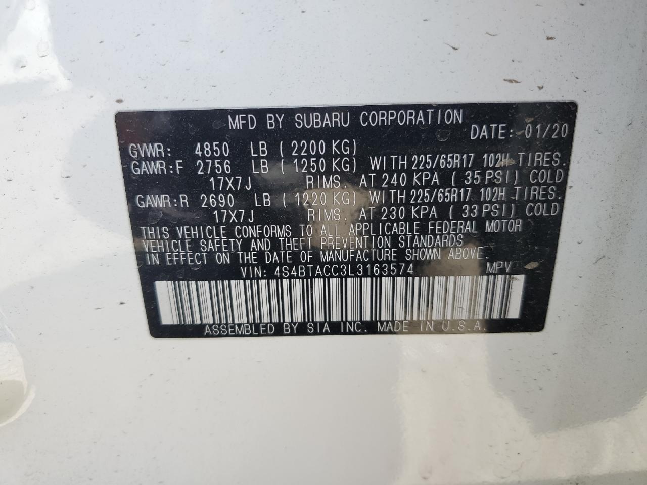 4S4BTACC3L3163574 2020 Subaru Outback Premium