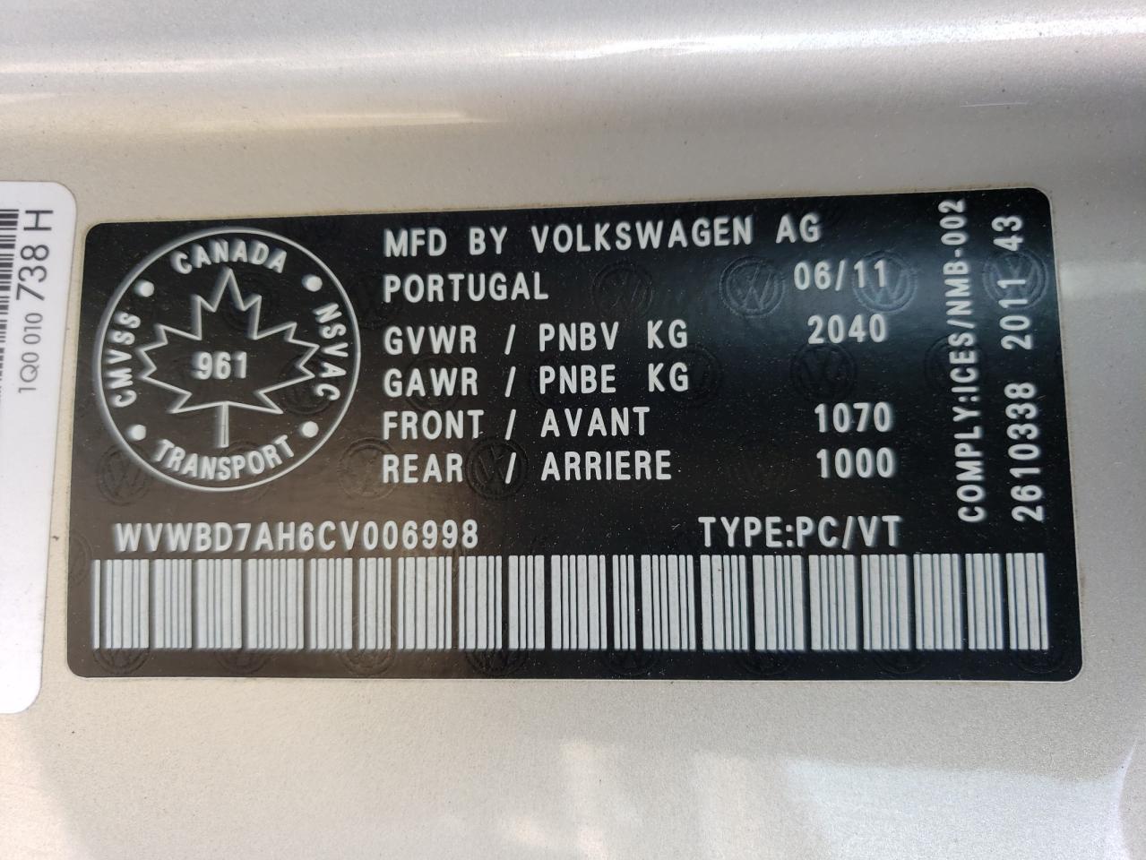 2012 Volkswagen Eos VIN: WVWBD7AH6CV006998 Lot: 62002294