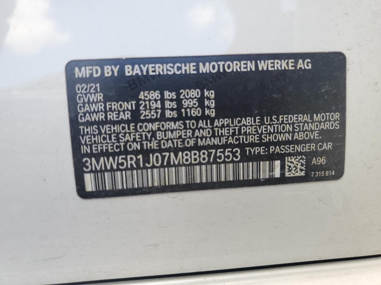2021 BMW 330I VIN: 3MW5R1J07M8B87553 Lot: 64984144