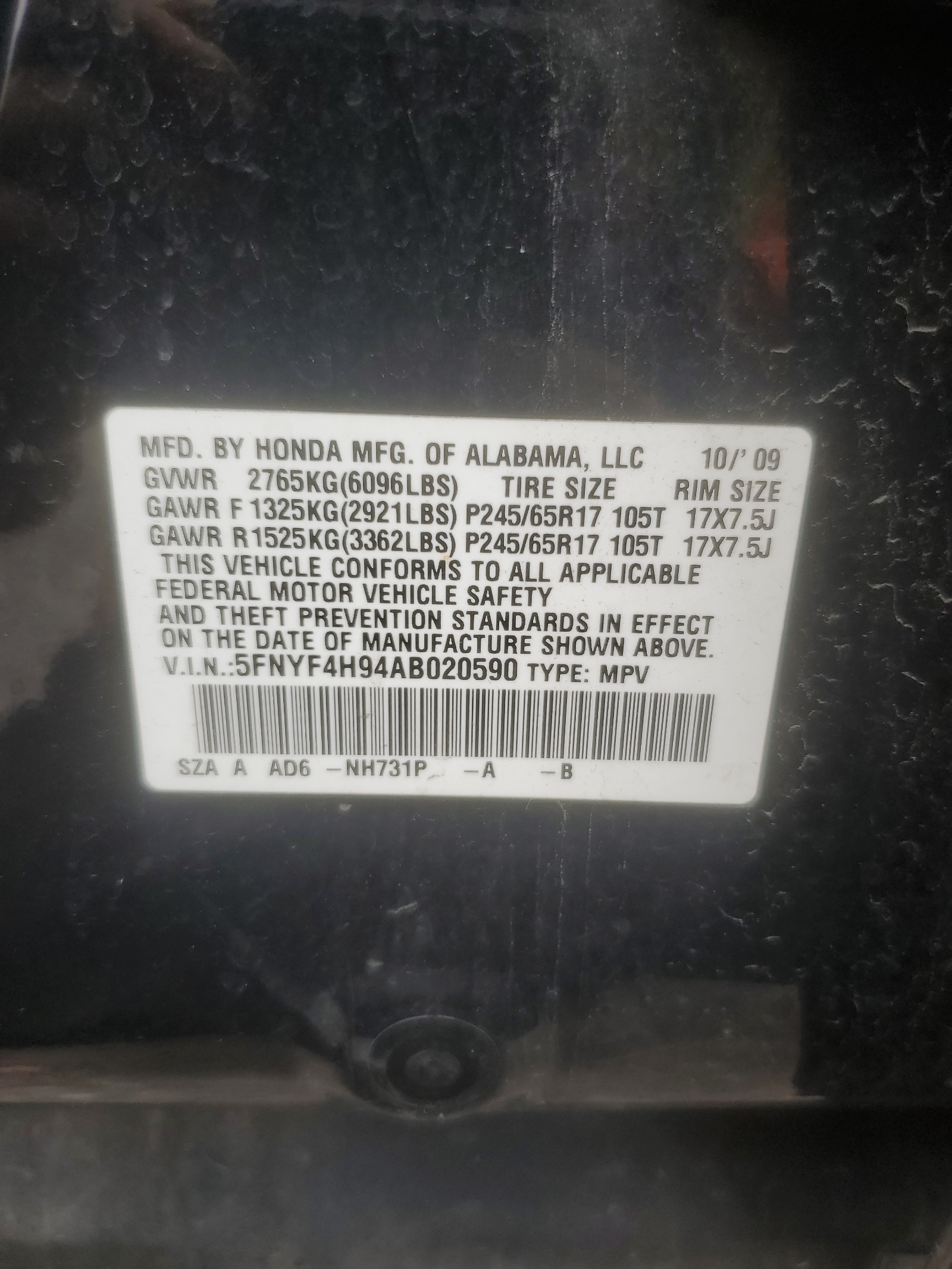 5FNYF4H94AB020590 2010 Honda Pilot Touring