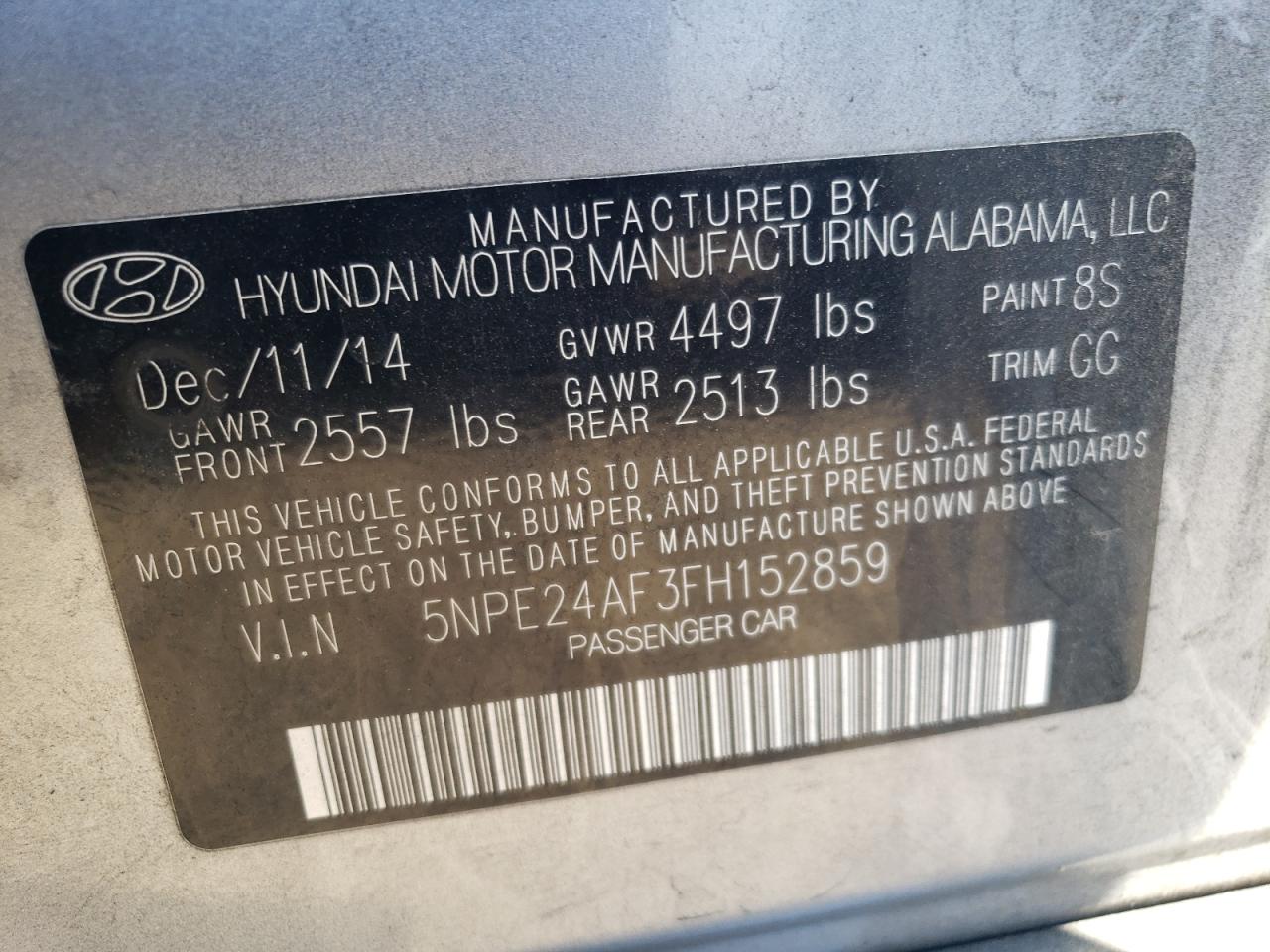 2015 Hyundai Sonata Se VIN: 5NPE24AF3FH152859 Lot: 63504224