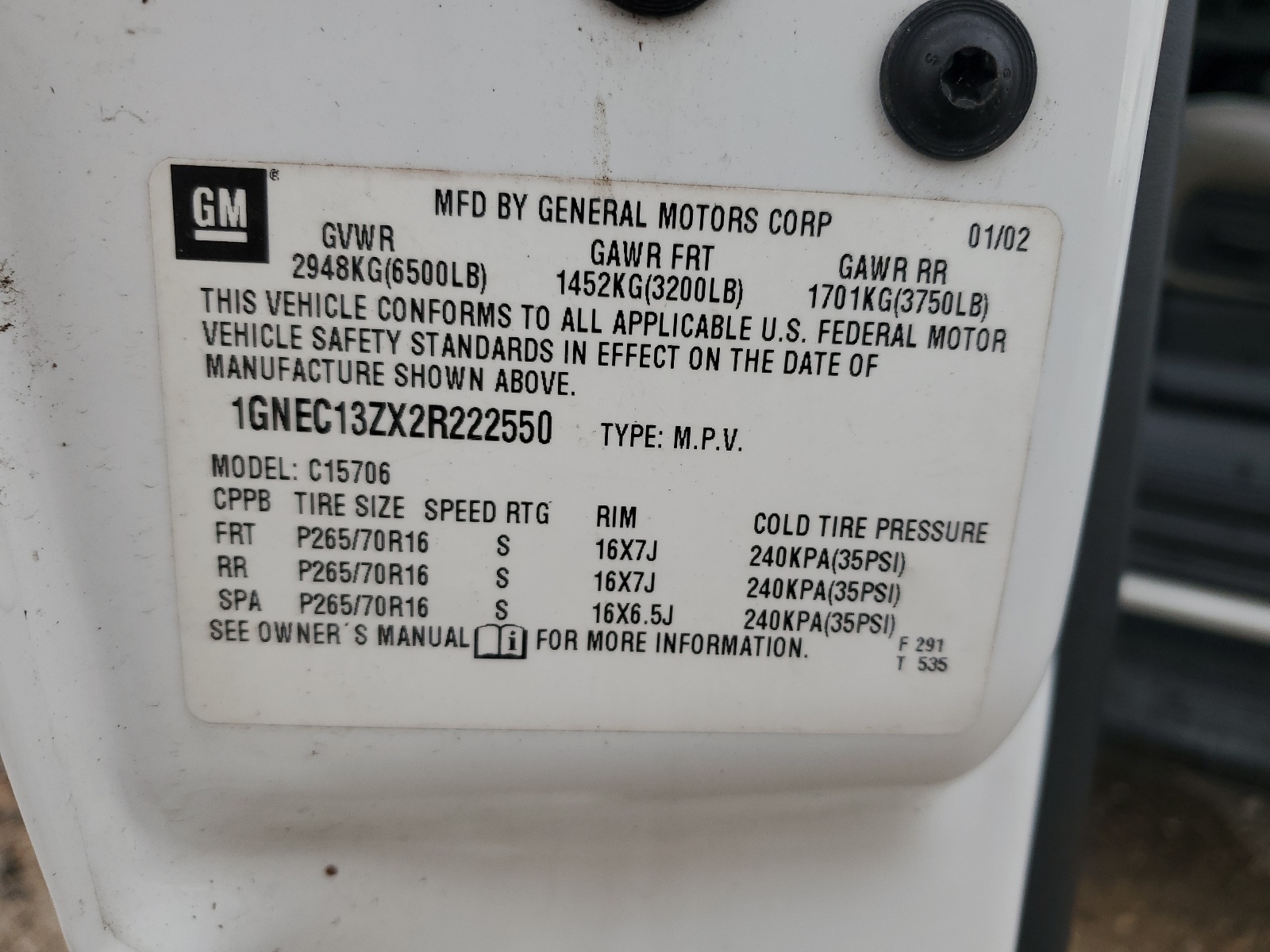 1GNEC13ZX2R222550 2002 Chevrolet Tahoe C1500