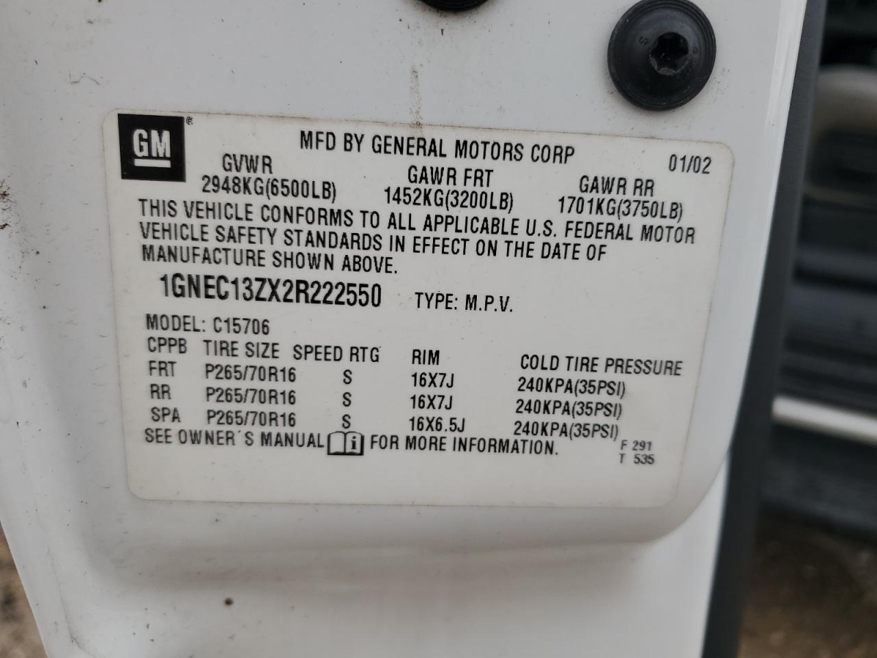 2002 Chevrolet Tahoe C1500 VIN: 1GNEC13ZX2R222550 Lot: 63732864