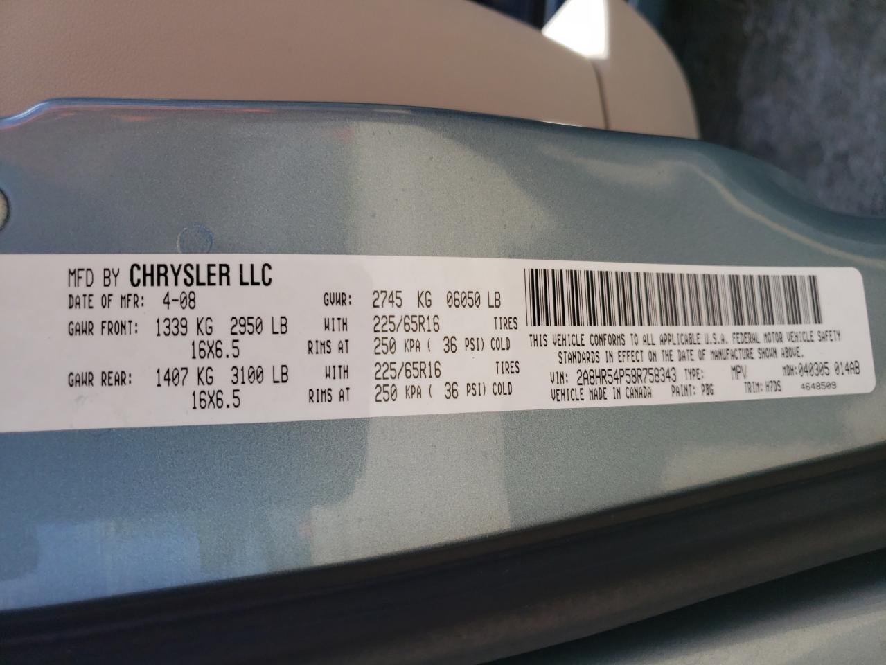 2008 Chrysler Town & Country Touring VIN: 2A8HR54P58R758343 Lot: 63039494