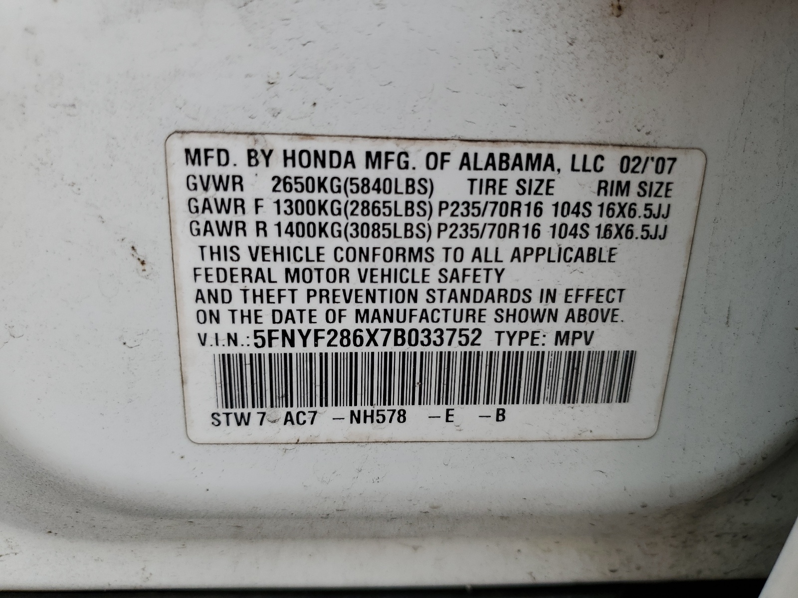 5FNYF286X7B033752 2007 Honda Pilot Exl