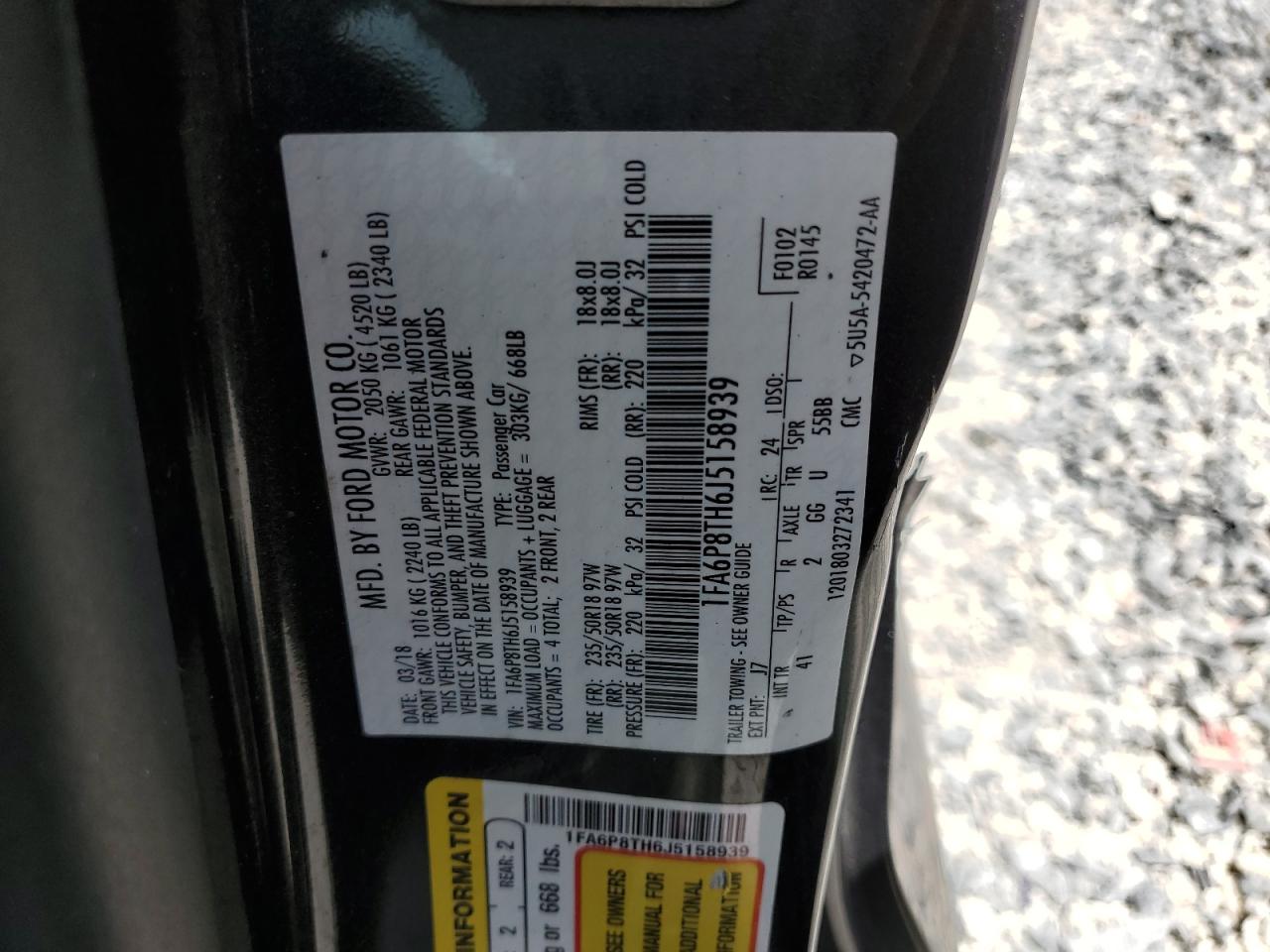 2018 Ford Mustang VIN: 1FA6P8TH6J5158939 Lot: 63826164