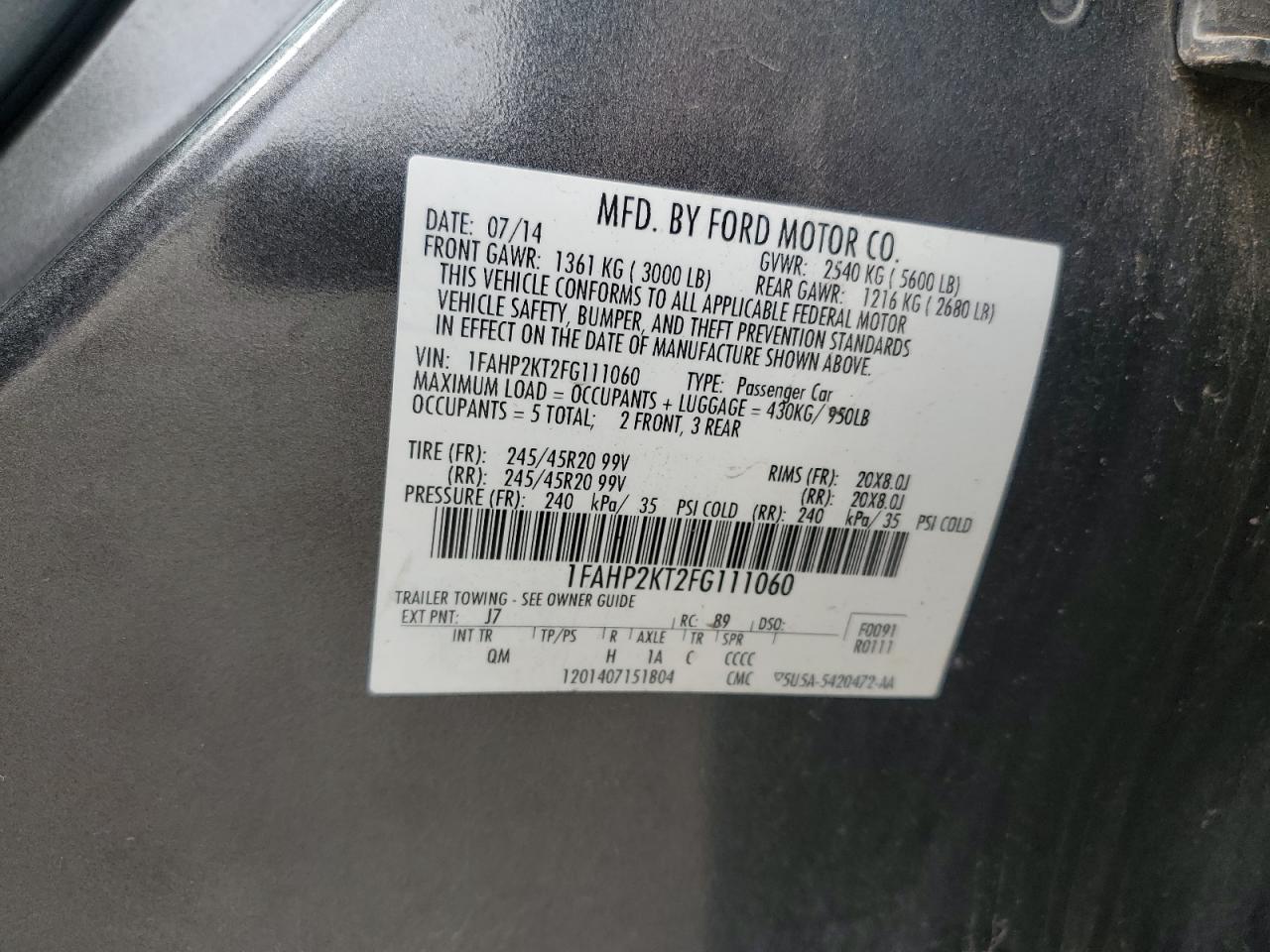 2015 Ford Taurus Sho VIN: 1FAHP2KT2FG111060 Lot: 63553574